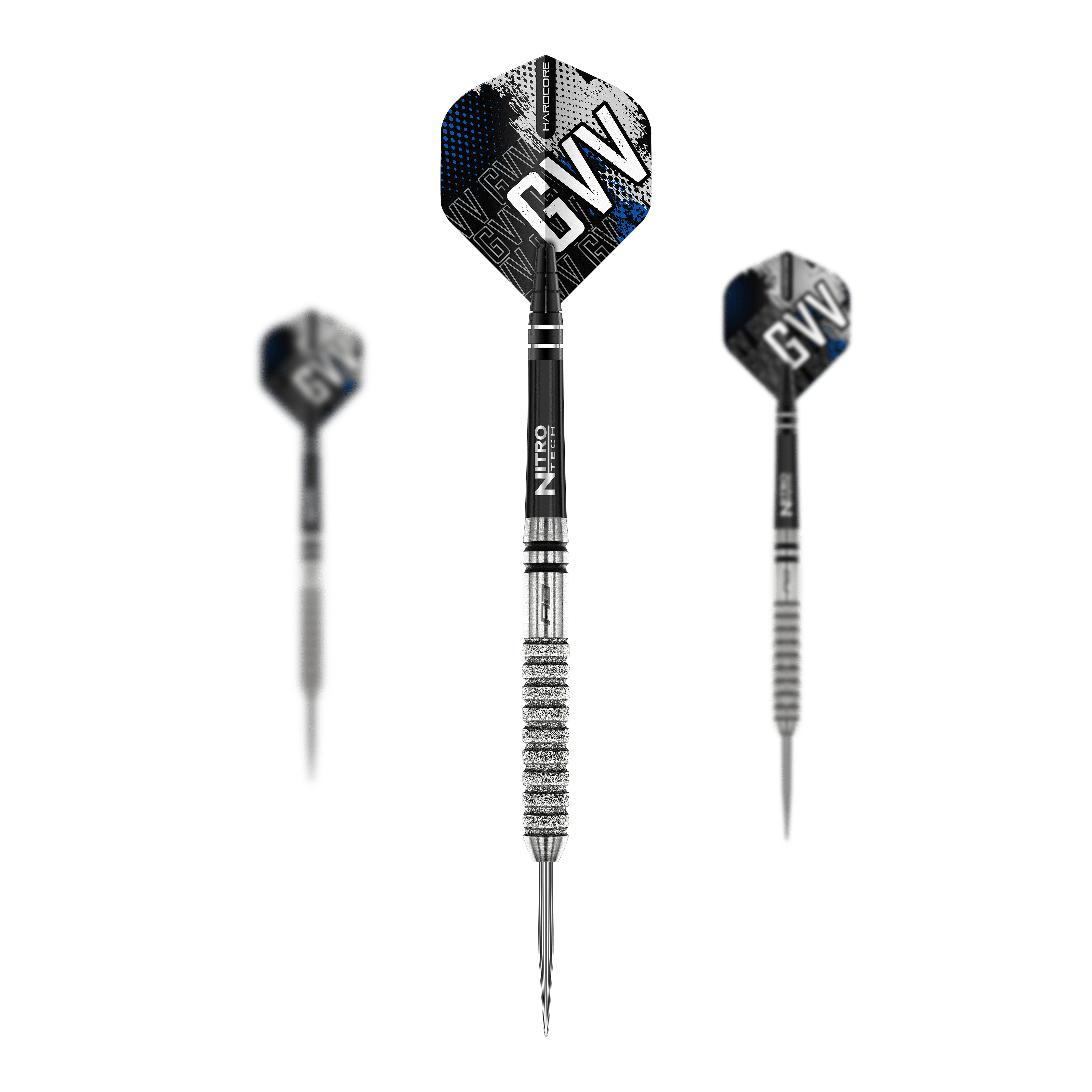 Das Bild zeigt drei Steeldarts des Modells "Red Dragon Gian Van Veen Tour Edition - 22g". Die Darts haben silberne Spitzen und Griffe mit schwarz-blauen Flights, auf denen "GVV" steht.