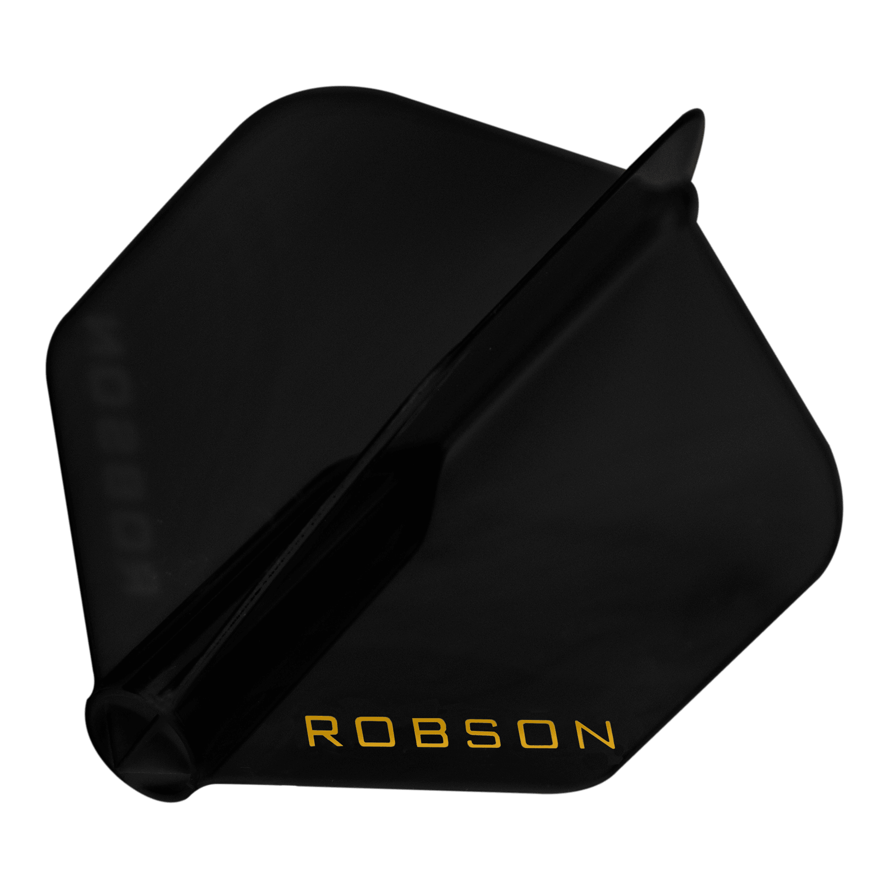 Das Bild zeigt einen schwarzen Dart-Flügel mit der Aufschrift "ROBSON" in gelber Farbe. Der Flügel hat eine standardmäßige, fünfeckige Form.
