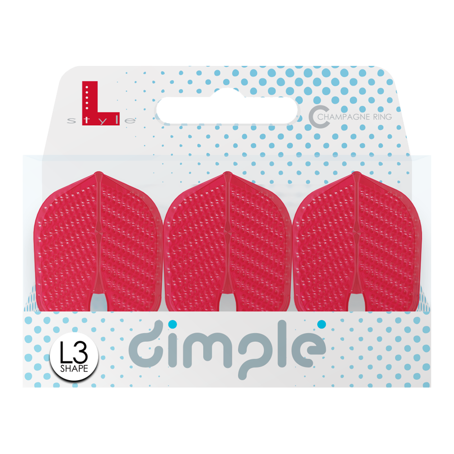 Das Bild zeigt eine Packung mit drei roten L-Style Flights Dimple Champagne im L3PRO Shape. Die Verpackung ist weiß mit blauen Punkten und dem Aufdruck "dimple".