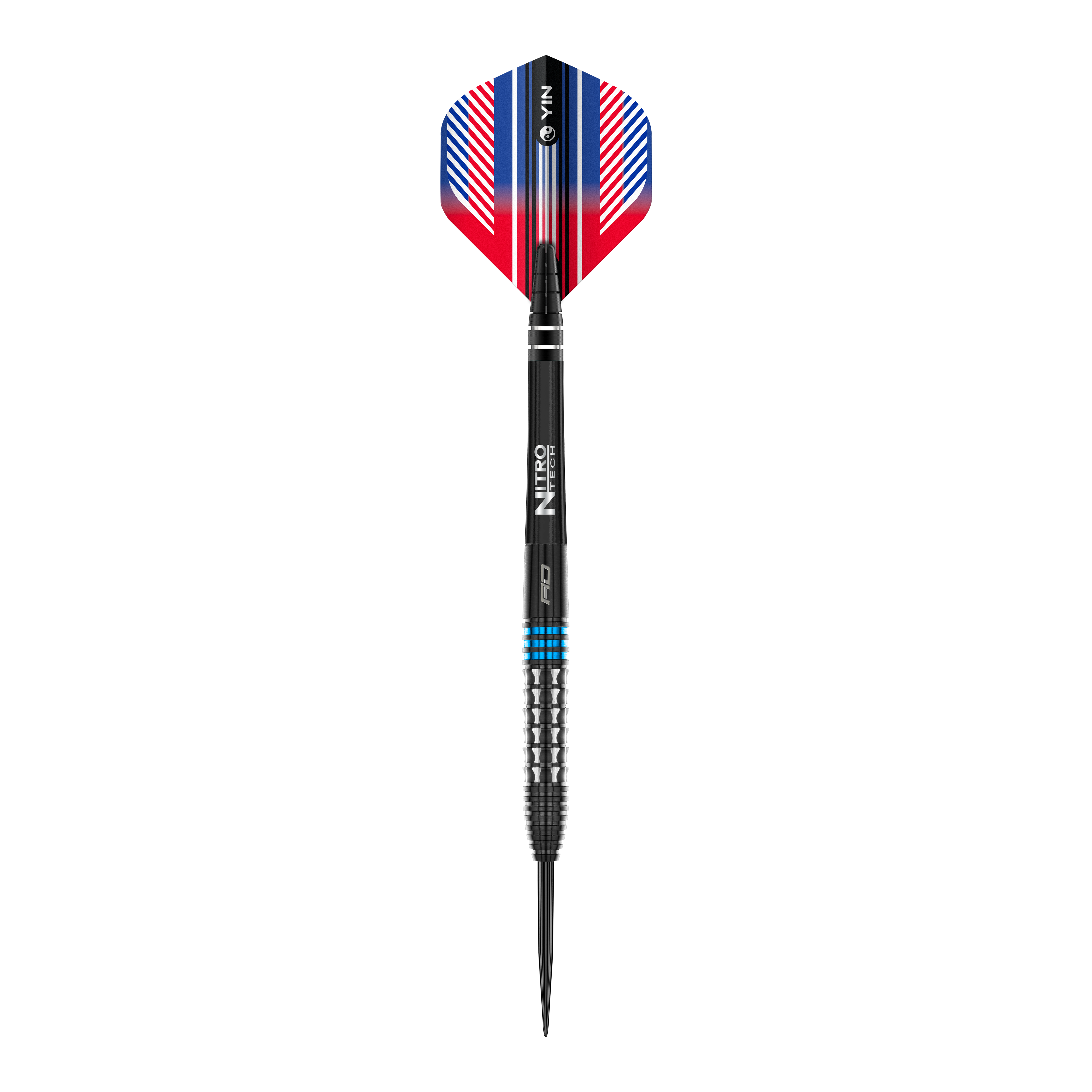 Red Dragon Vengeance Blue Steeldarts Das Bild zeigt einen Red Dragon Vengeance Blue Steeldart. Der Dart hat blaue und silberne Akzente sowie einen farbigen Flight in Rot, Blau und Weiß.