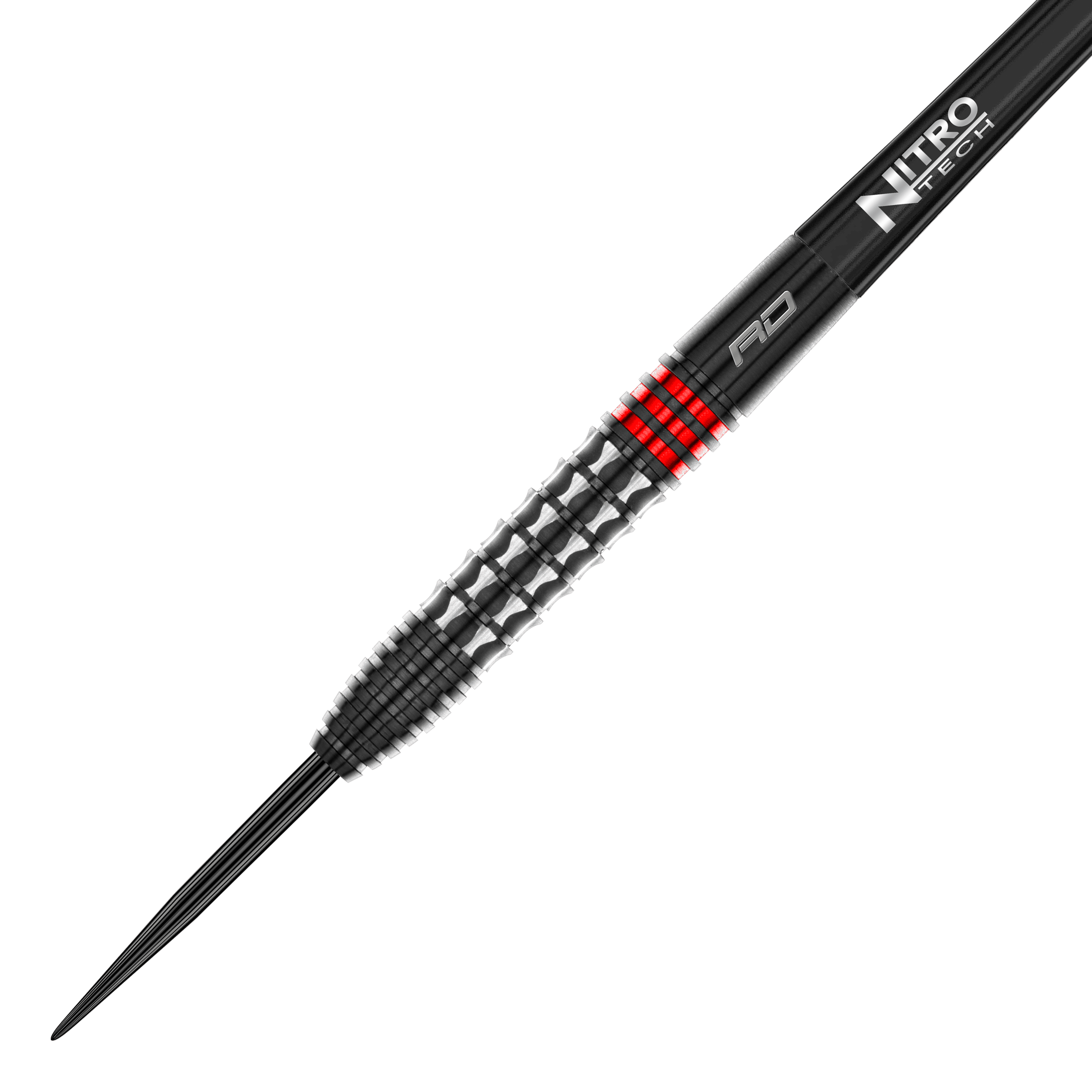 Das Bild zeigt einen Steeldart mit einem schwarz-silbernen, strukturierten Griff und roten Akzenten. Auf dem Schaft steht der Schriftzug "NITRO TECH".