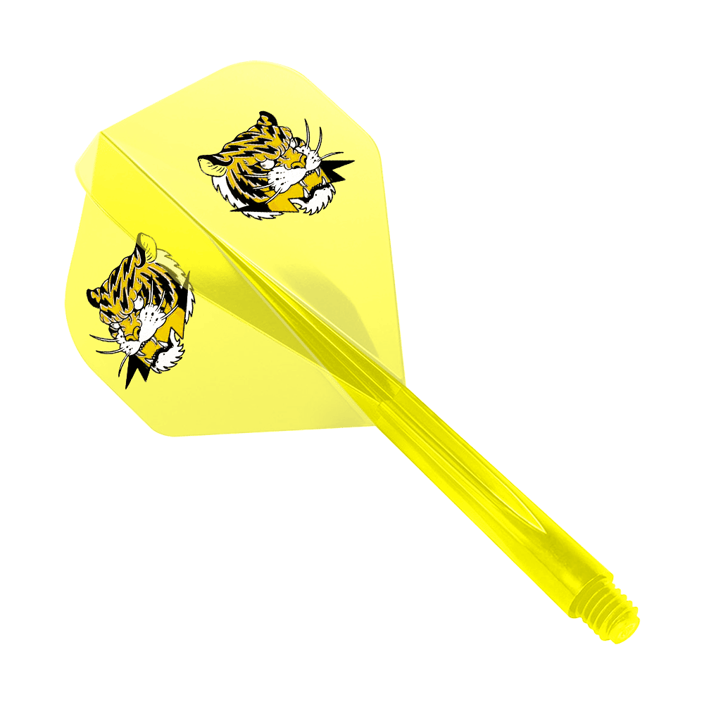 Das Bild zeigt einen gelben Dart-Flight mit zwei Tigerköpfen als Motiv. Das Produkt ist das "Condor AXE Inazuma Tiger Mix Flight-System Yellow Clear - Standard".