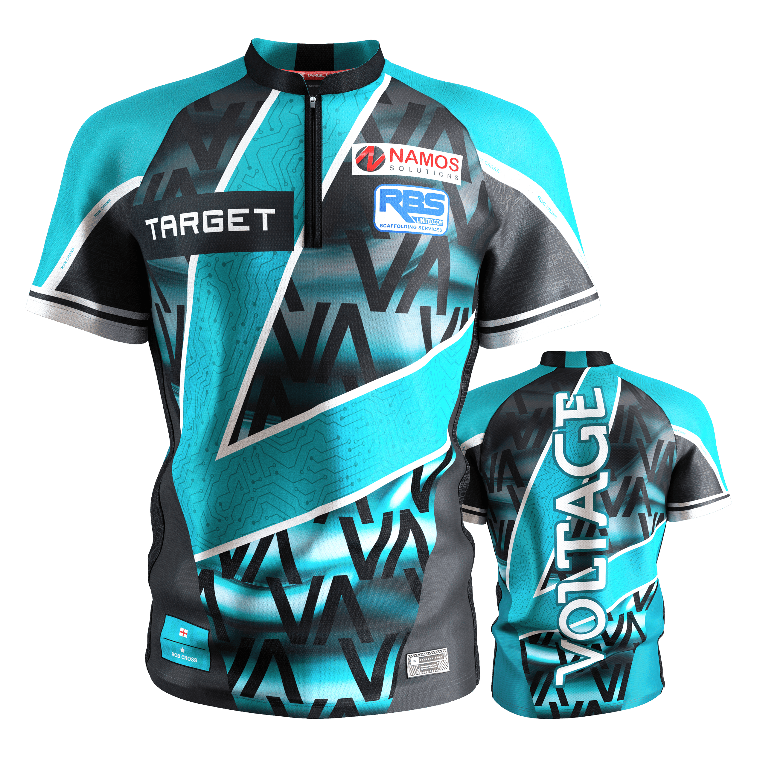 Target Coolplay Rob Cross 2025 Dartshirt Das Bild zeigt das "Target Coolplay Rob Cross 2025 Dartshirt" in den Farben Türkis, Schwarz und Weiß mit modernen Mustern. Auf der Vorderseite sind Sponsorenlogos und auf der Rückseite steht groß das Wort "VOLTAGE".