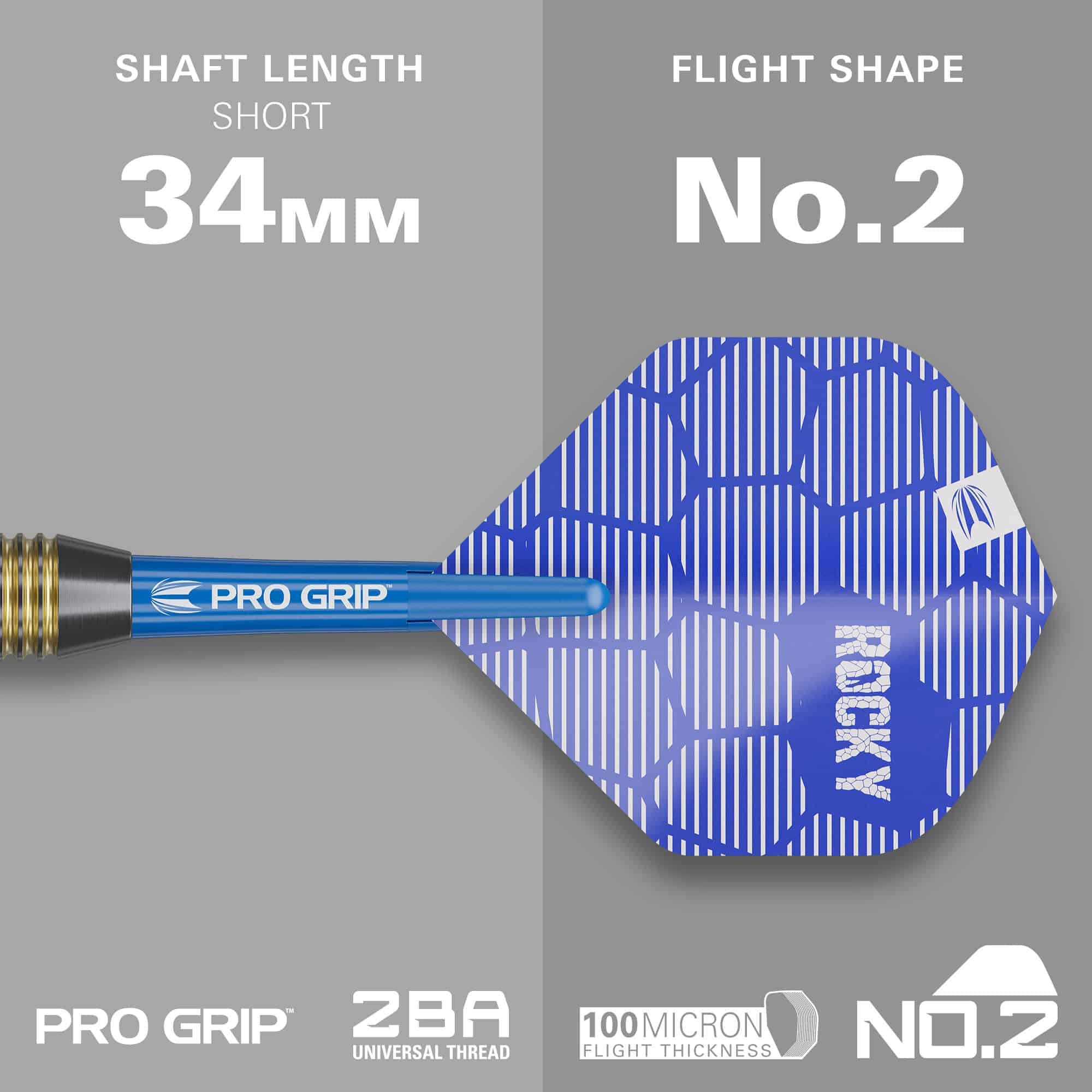 Target Josh Rock Brass Steeldarts - 22g Das Bild zeigt einen Target Josh Rock Brass Steeldart mit einem blauen PRO GRIP Schaft. Der Schaft ist 34 mm lang und das Flight hat die Form No.2.