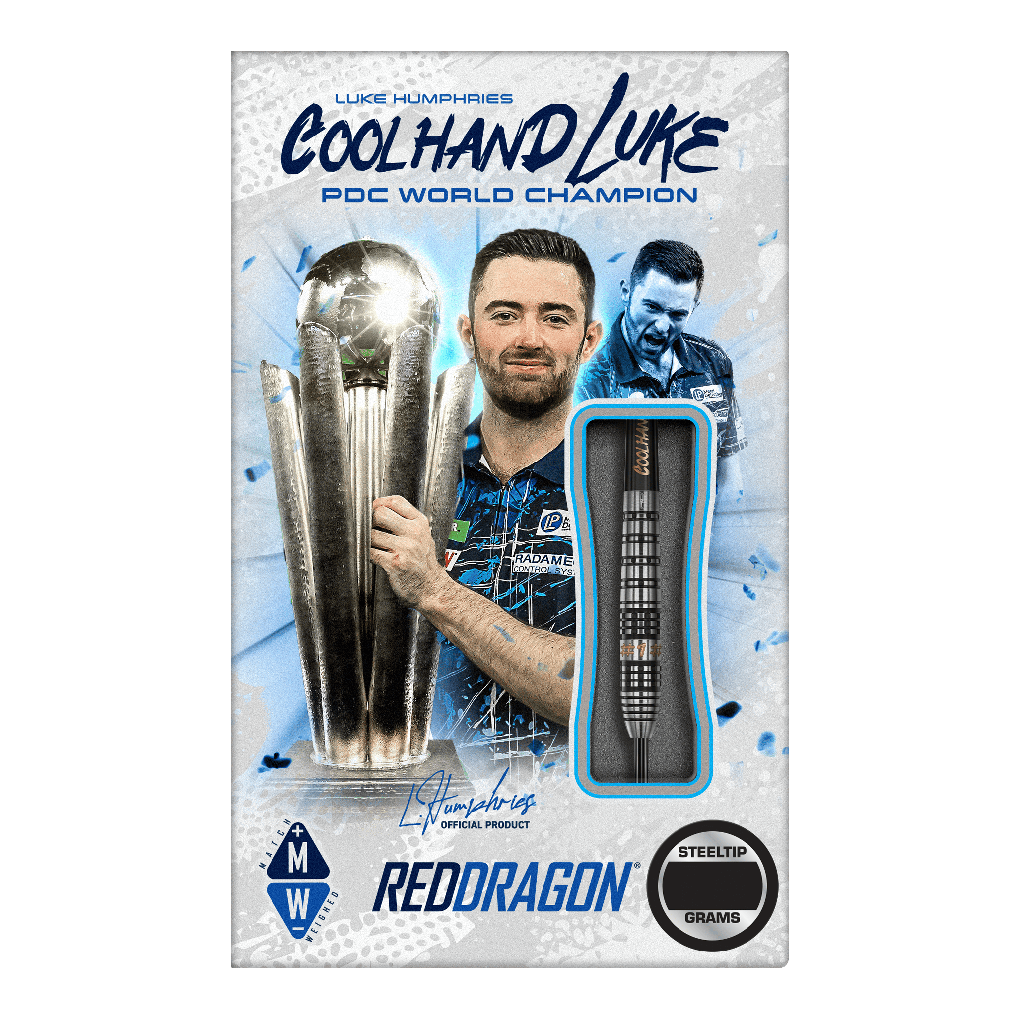 Red Dragon Luke Humphries Prestige Steeldarts Das Bild zeigt das Produkt "Red Dragon Luke Humphries Prestige Steeldarts". Auf der Verpackung ist Luke Humphries mit einem Pokal und einem Steeldart abgebildet.