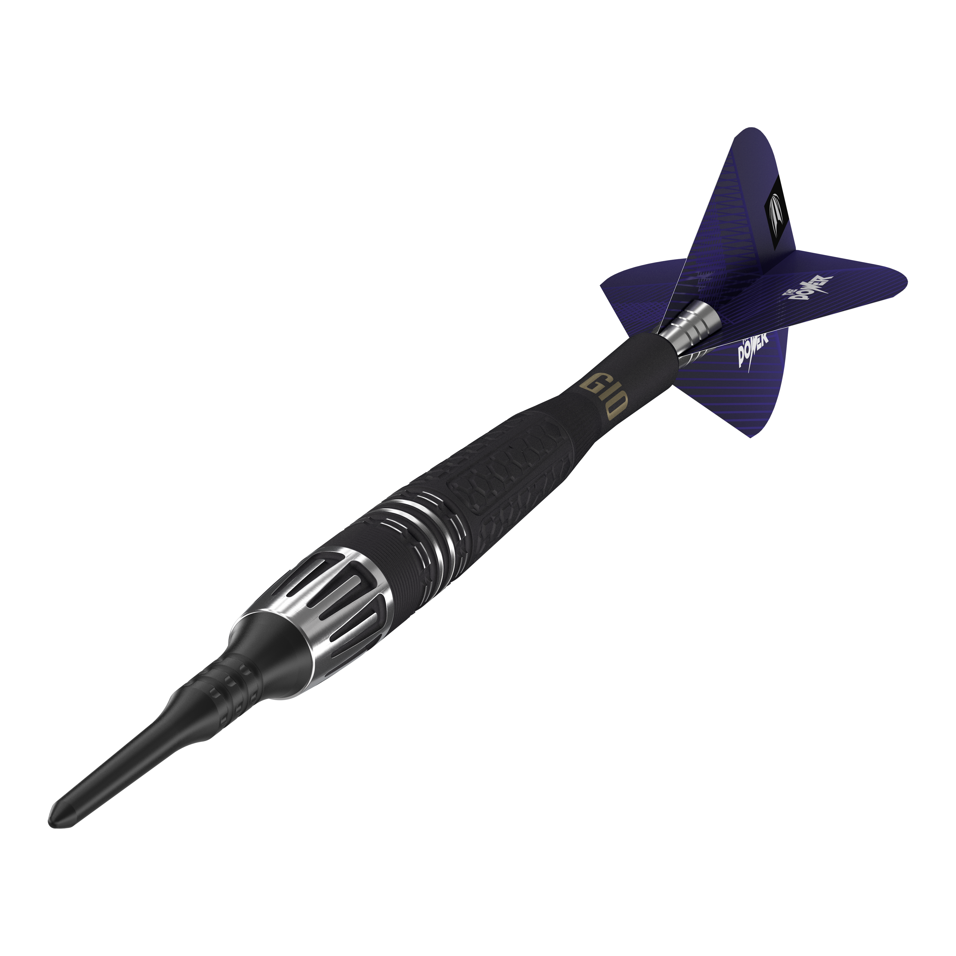 Auf dem Bild ist ein Target Phil Taylor Power 9Five GEN10 Softdart zu sehen. Der Dartpfeil hat ein modernes Design mit schwarzen und silbernen Details sowie blauen Flights.