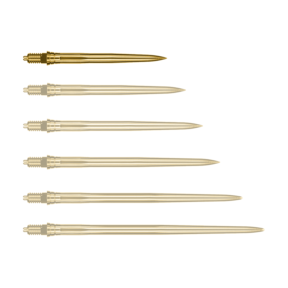 Auf dem Bild ist eine einzelne goldene Dartspitze zu sehen, vermutlich 28mm lang. Es handelt sich um eine Caliburn EZ-EVO Dartspitze der Variante Smooth.