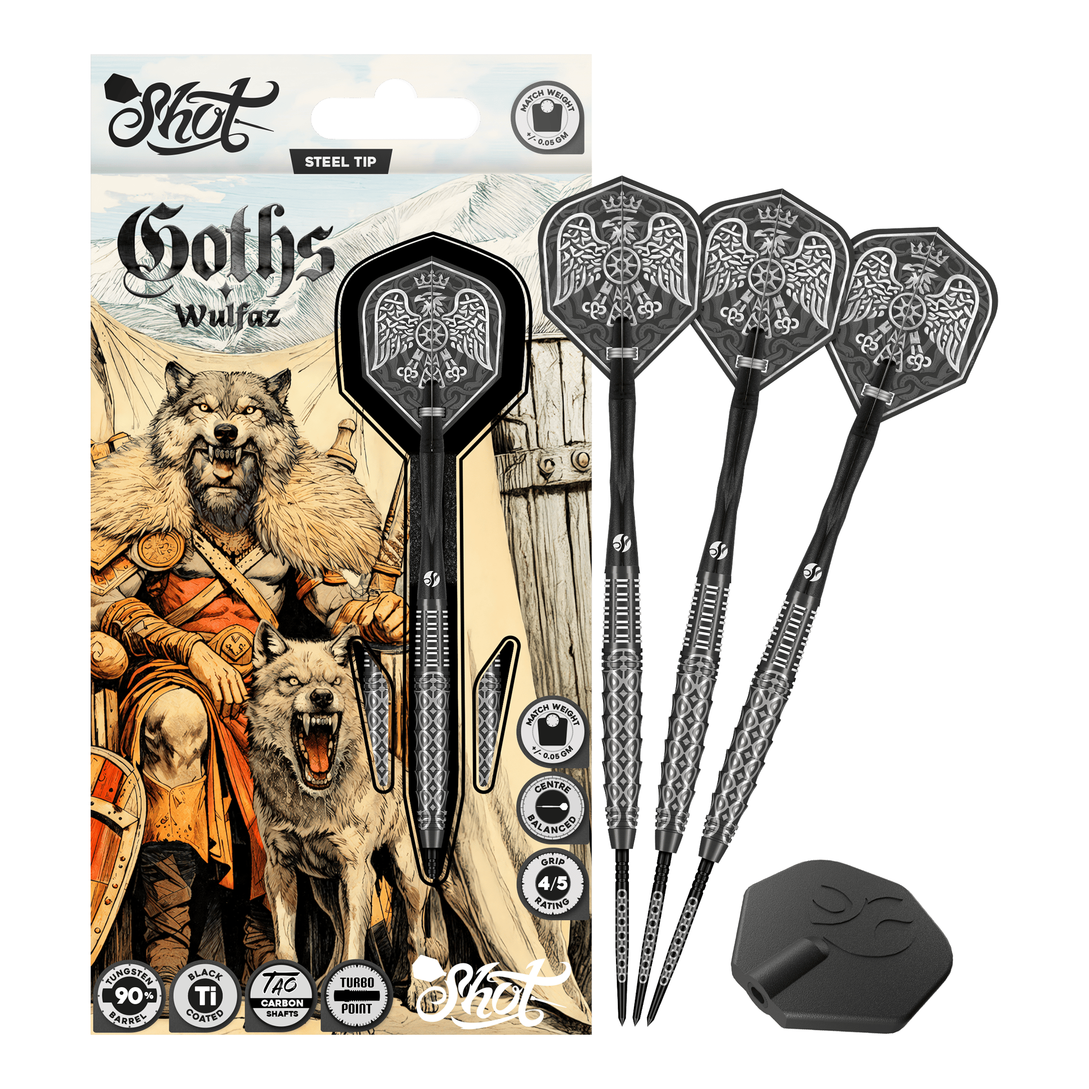 Shot Goths Wulfaz Turbo Point Steeldarts - 23g Auf diesem Bild sieht man die Shot Goths Wulfaz Turbo Point Steeldarts - 23g in voller Ansicht. Das Design ist auffällig und für Dart-Fans interessant.
