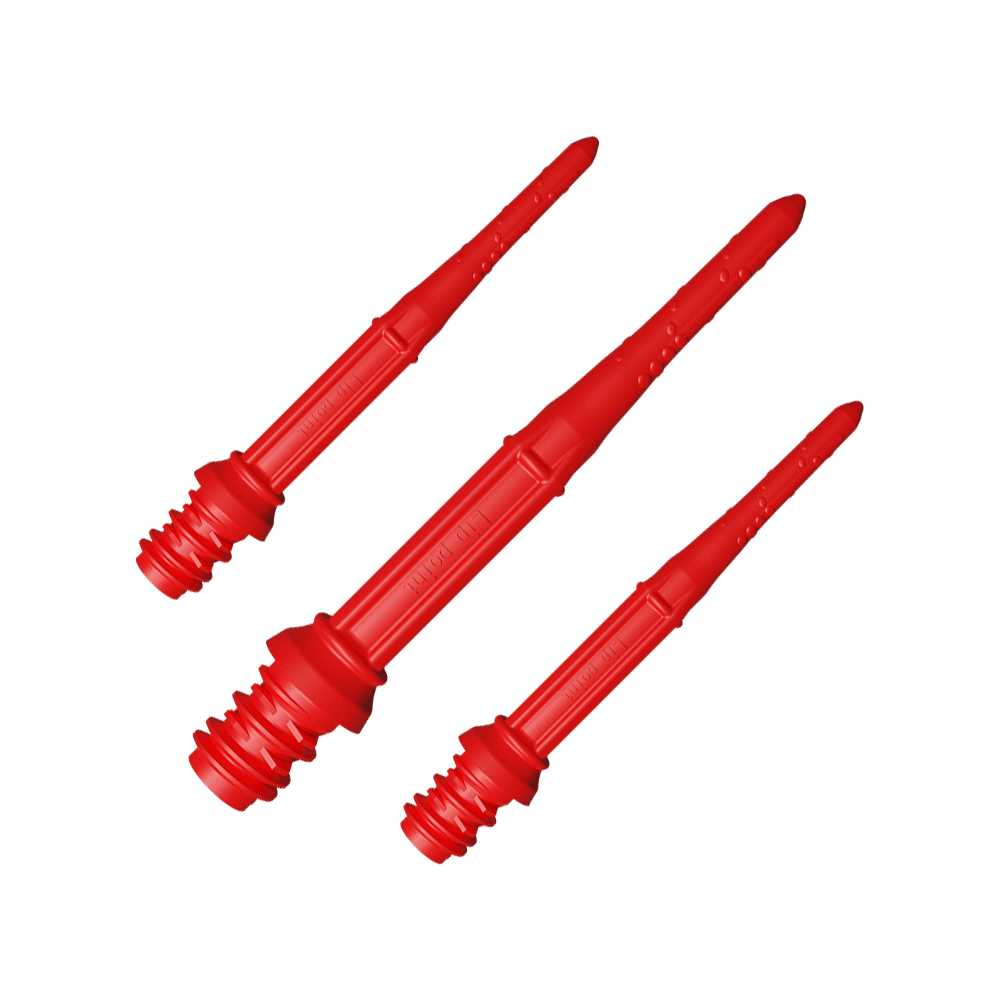 Auf dem Bild sind drei rote Softdartspitzen zu sehen. Sie sind nebeneinander angeordnet und haben ein schlankes, geriffeltes Design.