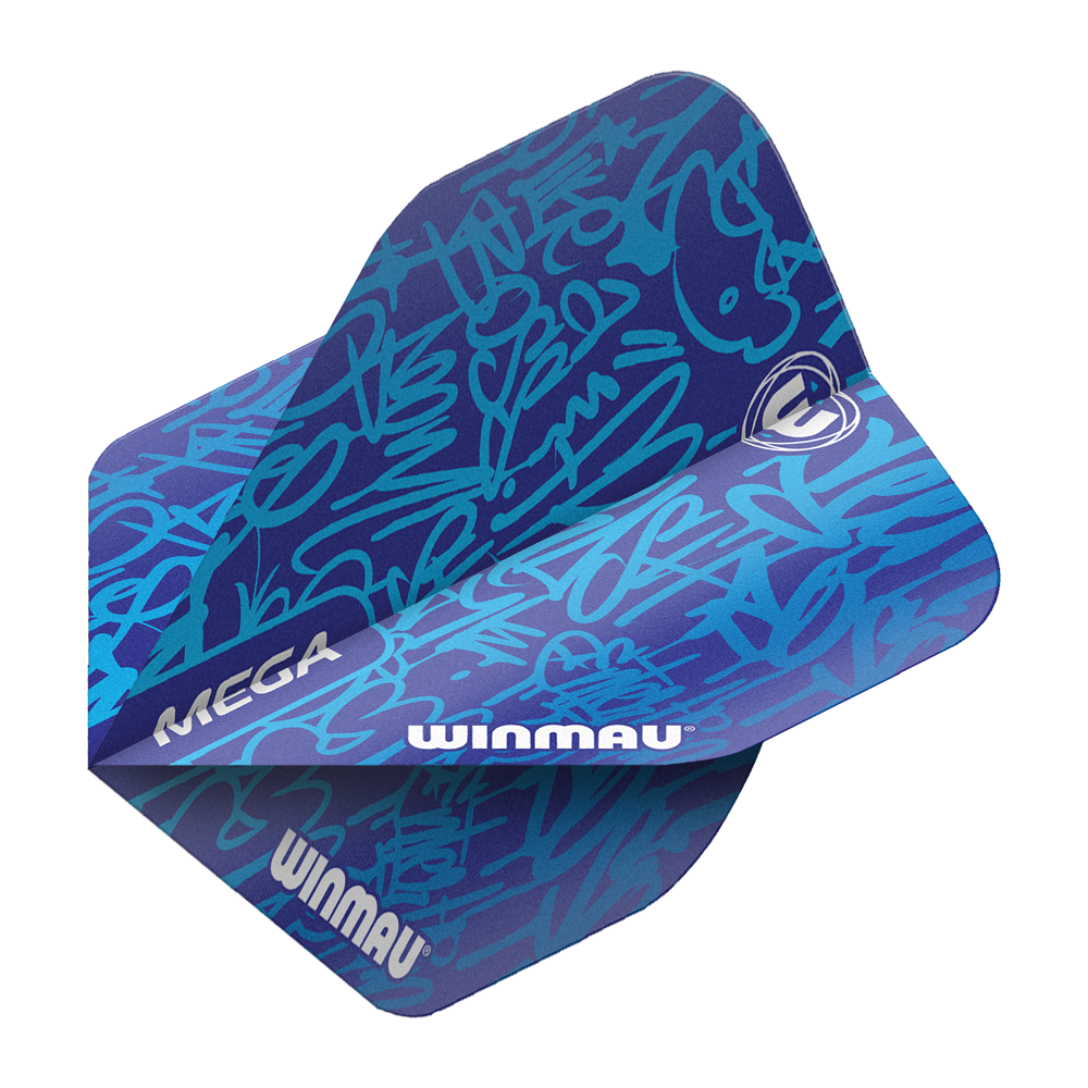 Das Bild zeigt die Winmau Mega Blue Standard Flights. Sie haben ein auffälliges blaues Design mit hellblauen Schriftzügen und dem Winmau-Logo.