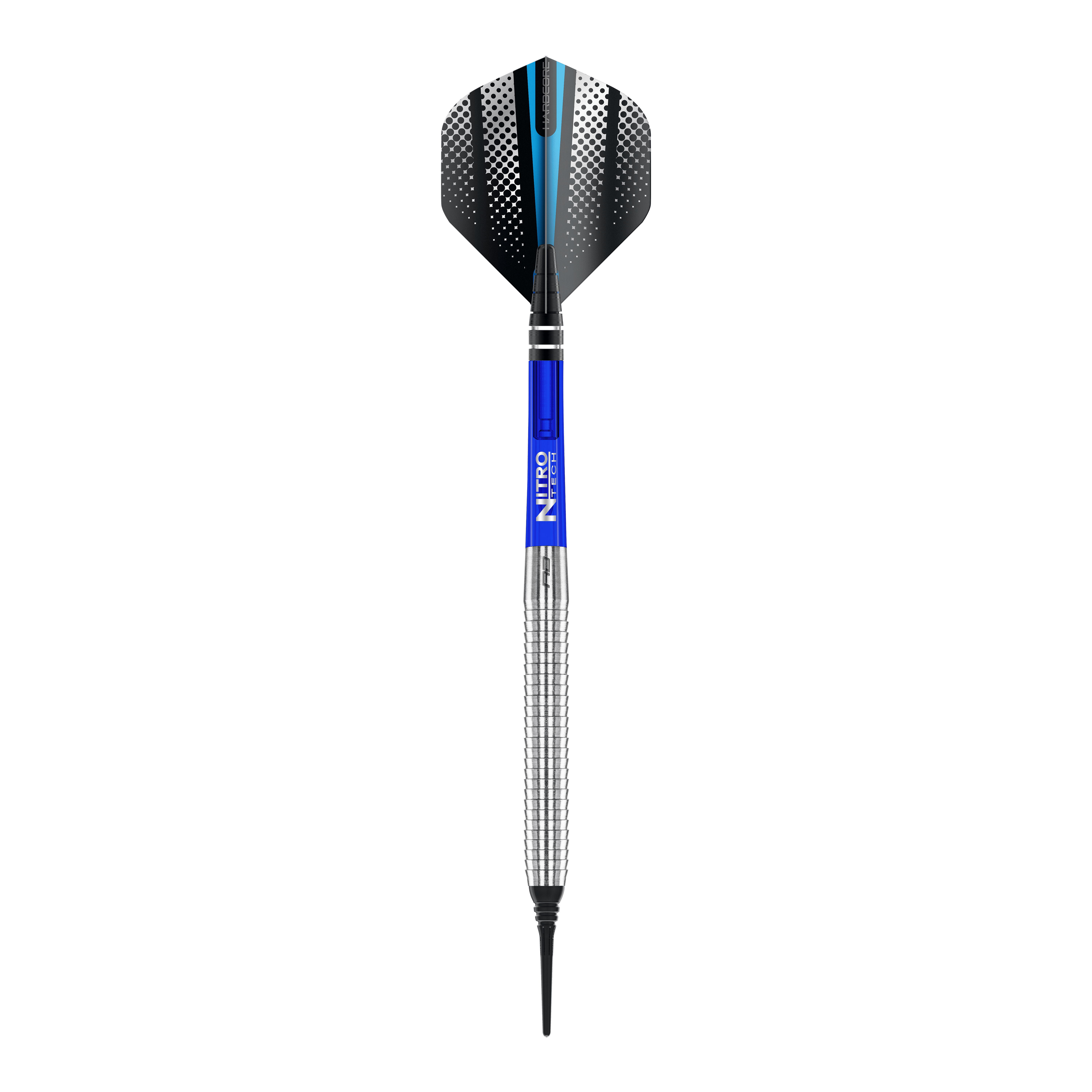 Das Bild zeigt den Red Dragon Razor Edge Original Softdart mit einem Gewicht von 20g. Der Dartpfeil hat einen silbernen Griff, einen blauen Schaft und schwarze Flights mit weißem Punktmuster.