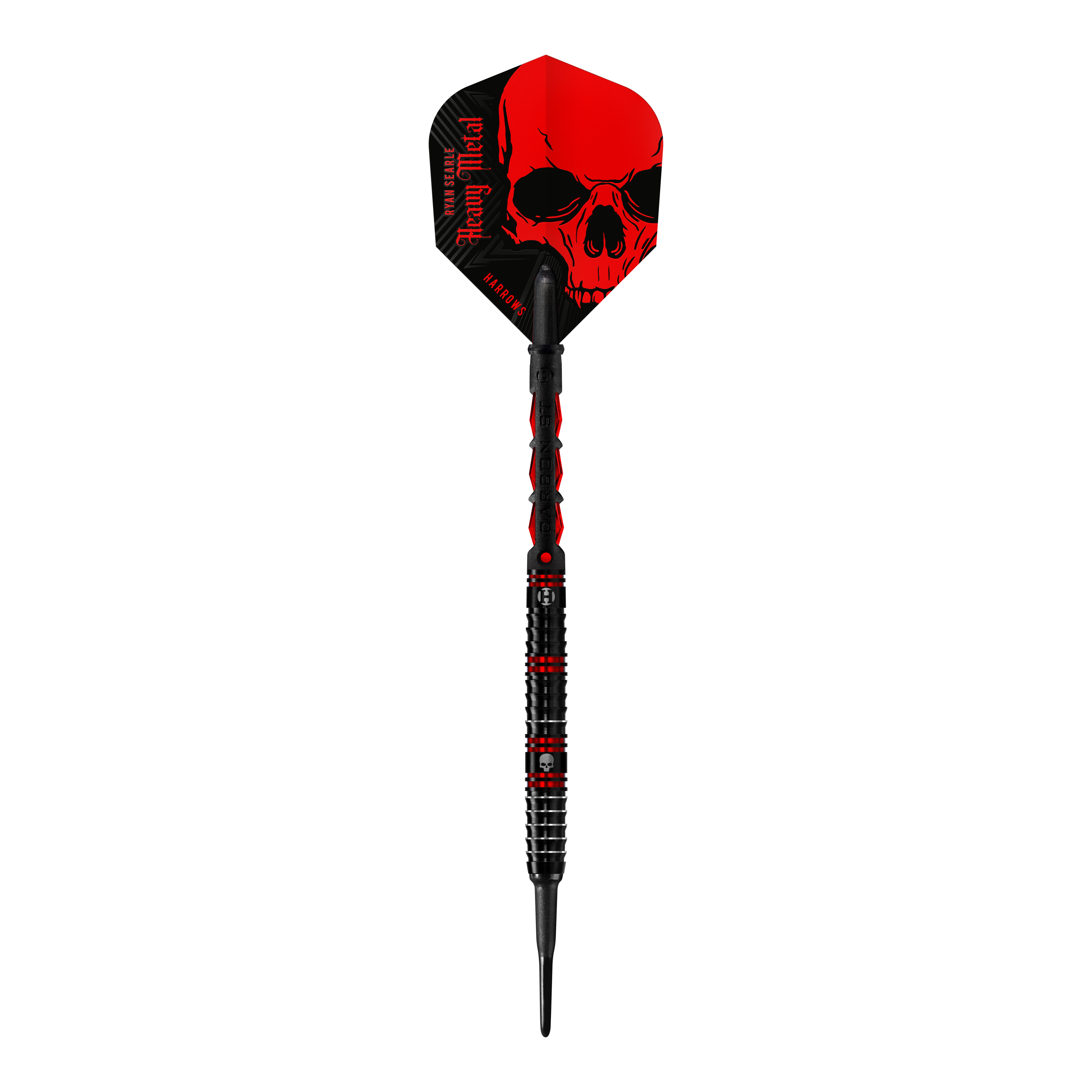 Harrows Ryan Searle Heavy Metal Softdarts Der abgebildete Dartpfeil ist der „Harrows Ryan Searle Heavy Metal Softdart“. Er hat ein auffälliges schwarzes Design mit roten Elementen und einem Totenkopf auf dem Flight.