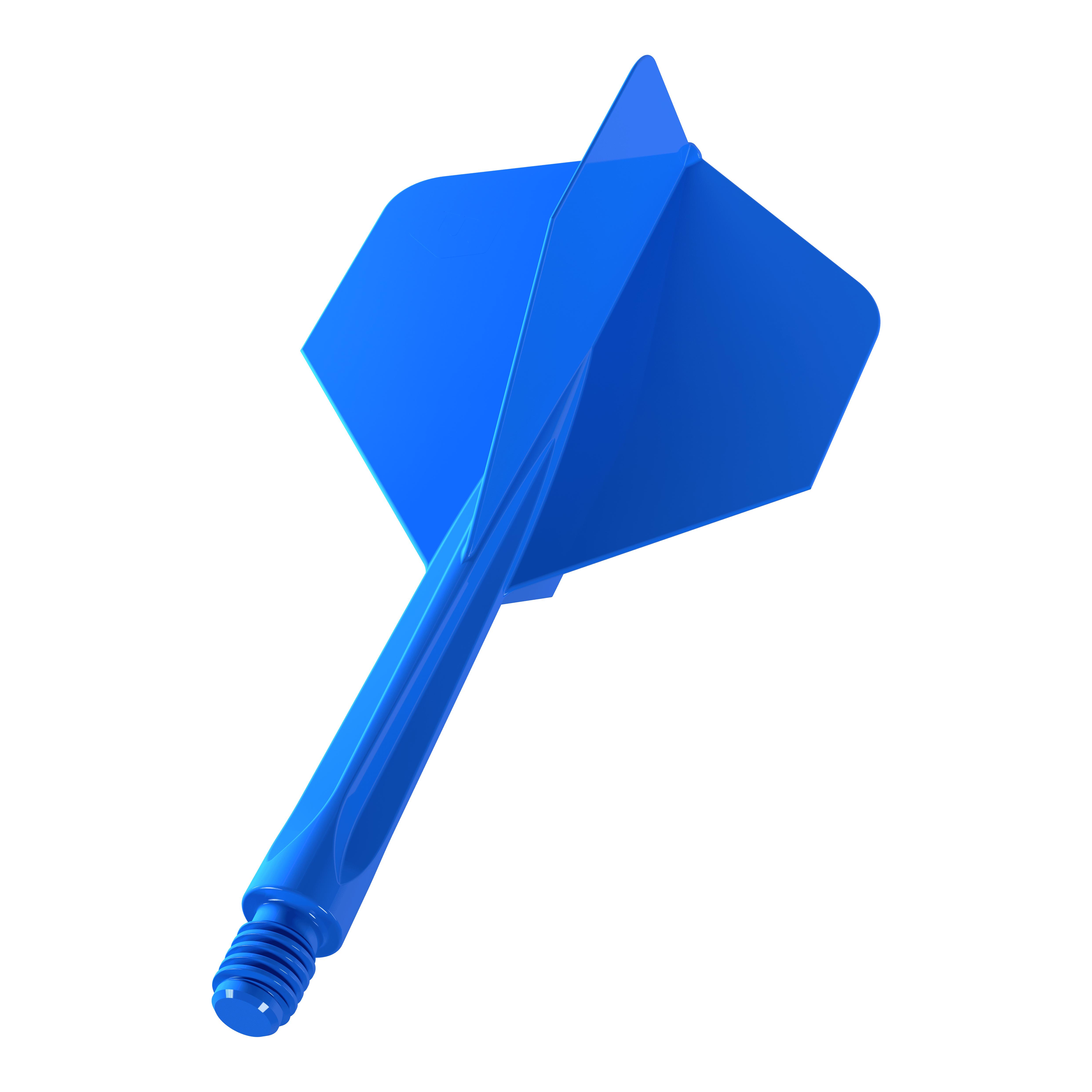 Auf dem Bild ist ein blauer Dartflügel mit integriertem Schaft zu sehen. Es handelt sich um das Produkt „Unicorn Forge All In One Plus No2 Standard Flights Blau - Medium“.