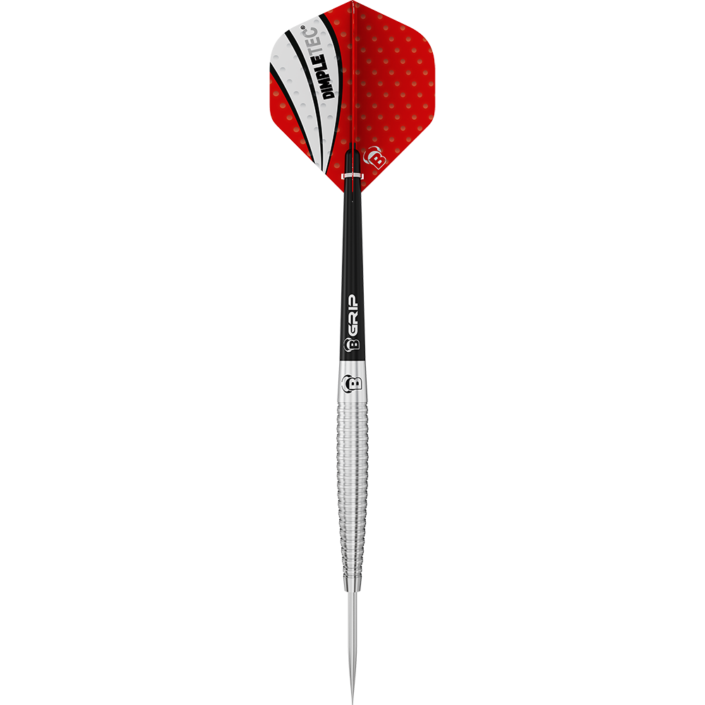 Auf dem Bild ist ein Bulls Dot D6 Steeldart abgebildet. Der Dart hat eine silberne Spitze, einen schwarzen Schaft und rote Flights mit weißem und schwarzem Muster.