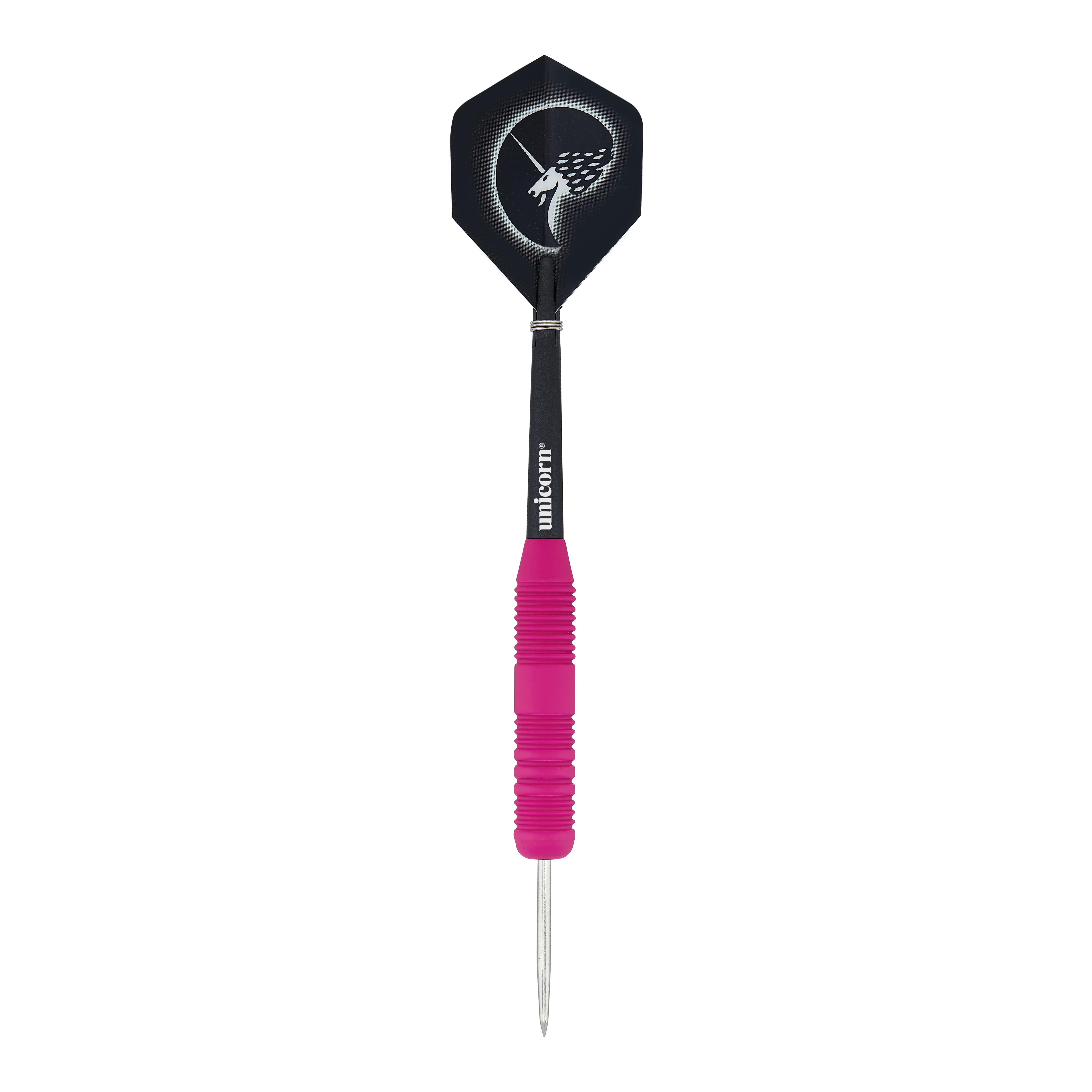 Dies ist ein Steeldart mit einer pinken, gummierten Griffzone. Das Flight zeigt ein Einhorn-Design auf schwarzem Hintergrund.