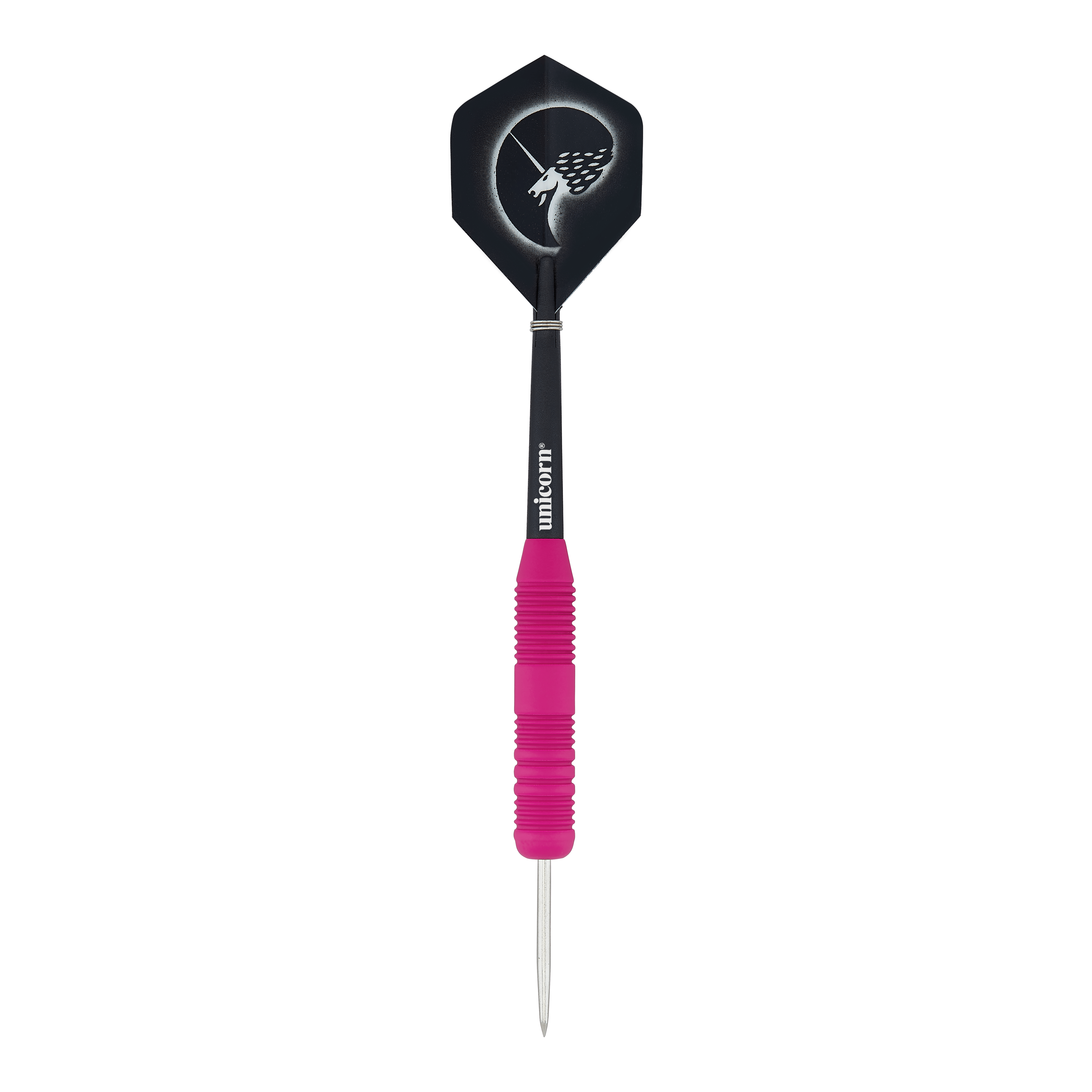 Unicorn Core Plus Rubberised Pink Steeldarts Dies ist ein Steeldart mit einer pinken, gummierten Griffzone. Das Flight zeigt ein Einhorn-Design auf schwarzem Hintergrund.
