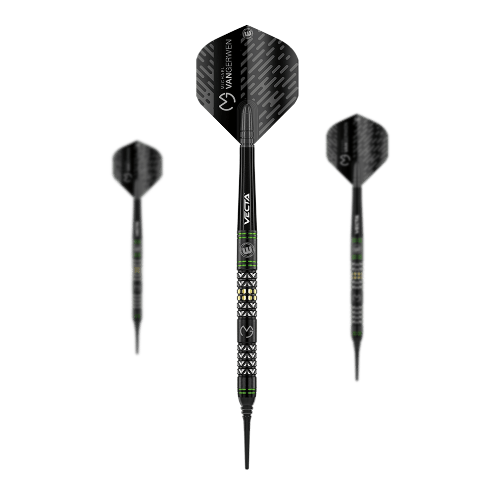 Das Bild zeigt drei Winmau Michael van Gerwen MvG Vantage Softdarts. Die Darts sind schwarz mit grünen Akzenten und einem besonderen Muster auf dem Griff.