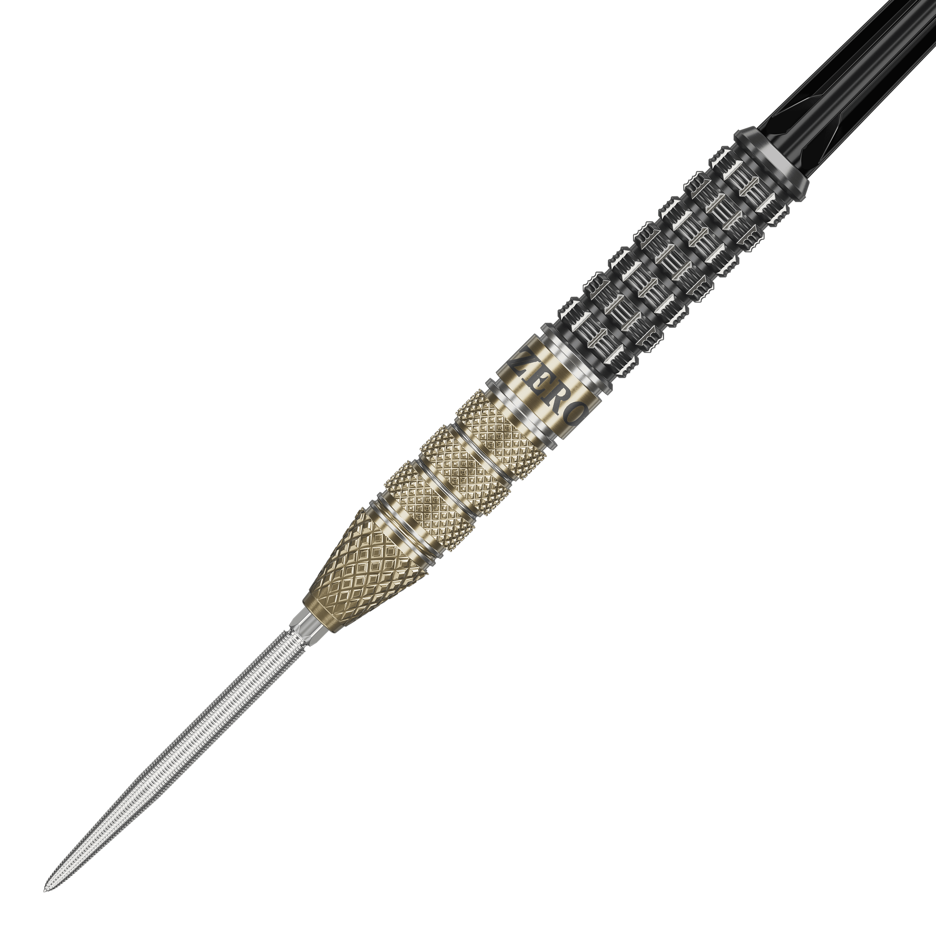 Das Bild zeigt einen Target Japan Black Marque Reyn Swiss Point Steeldart. Der Dartpfeil hat ein auffälliges gold-schwarzes Design mit strukturiertem Griff.