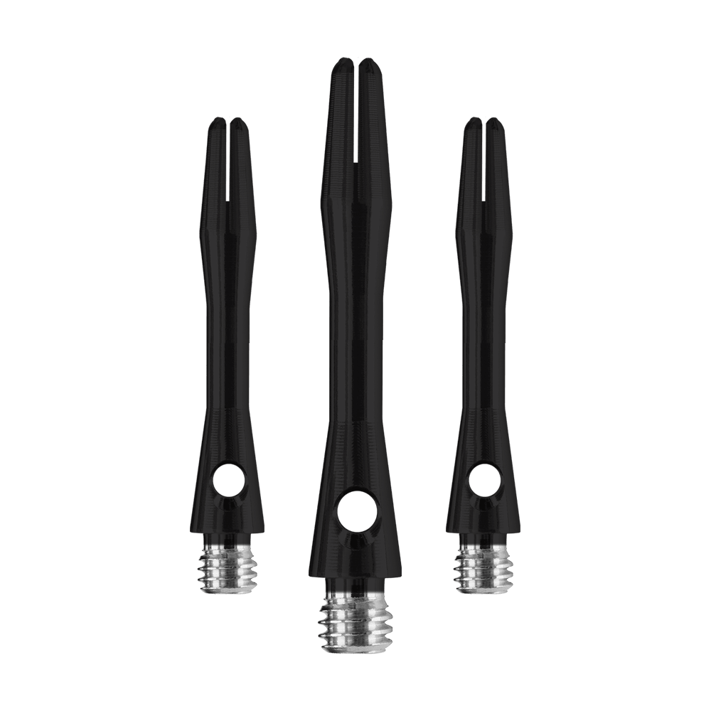 HR366_Harrows_Keramic_Shafts_Schwarz_35mm_1pOJsXRXKWghyk Das Bild zeigt drei Harrows Keramic Shafts in Matt Schwarz. Die Shafts haben eine glatte Oberfläche und ein silbernes Schraubgewinde.
