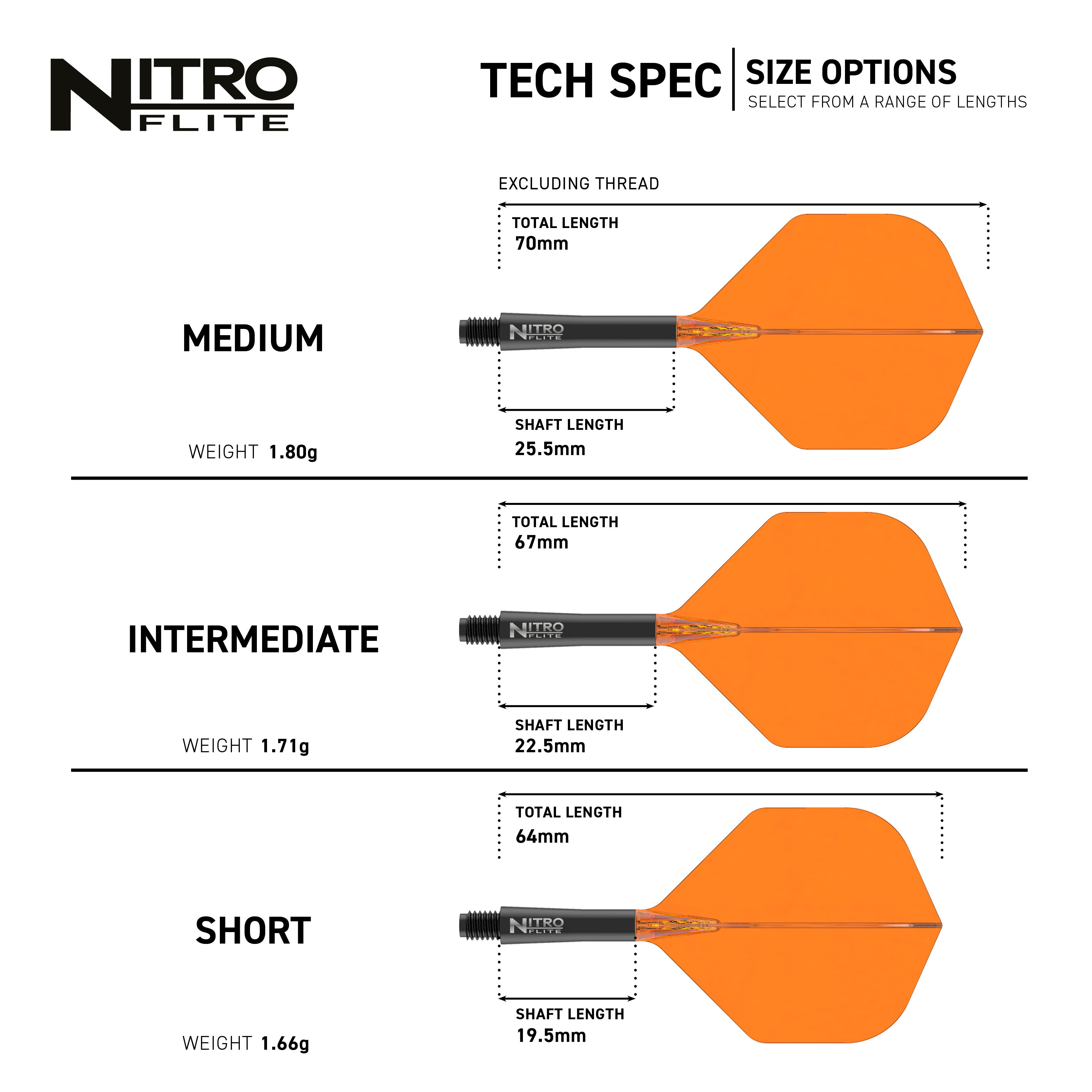 Hier sieht man den Red Dragon Nitroflite Black Shaft Orange Flights No2. Die Kombination aus schwarzem Schaft und orangen Flights ist deutlich zu erkennen.