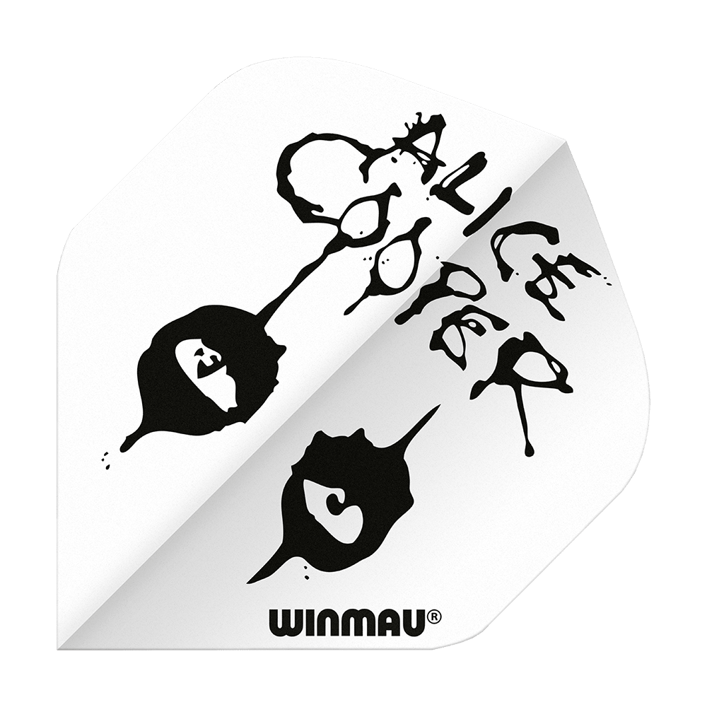 Das Bild zeigt ein weißes Dart-Flight mit dem Schriftzug "Alice Cooper" und schwarzen Grafiken im Tintenfleck-Stil. Unten steht das Markenlogo "Winmau".