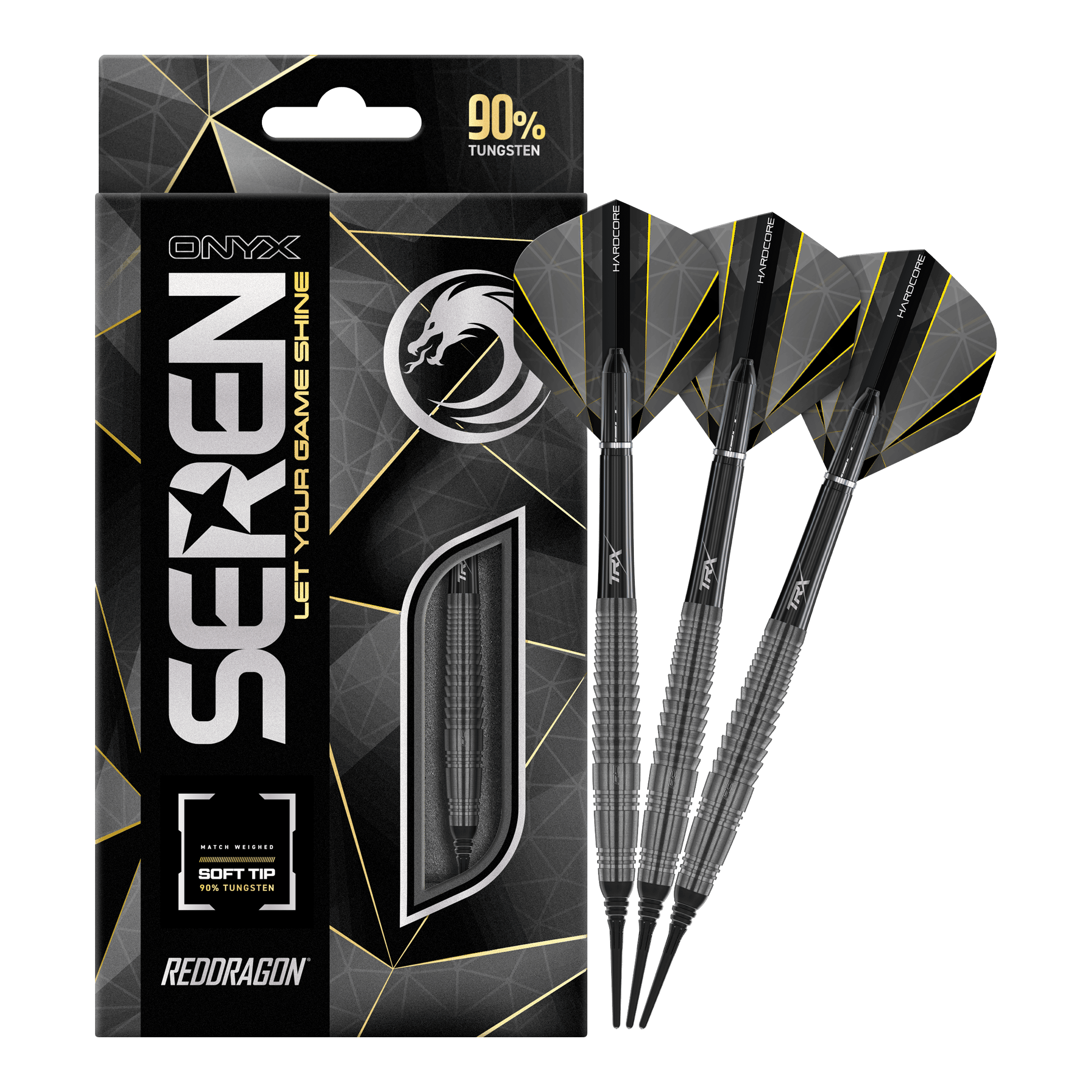 Das Bild zeigt die "Red Dragon Seren 4 Onyx Softdarts - 20g" mit einer eleganten schwarzen Verpackung. Drei schwarze Softdarts mit gelben und grauen Akzenten sind neben der Verpackung abgebildet.