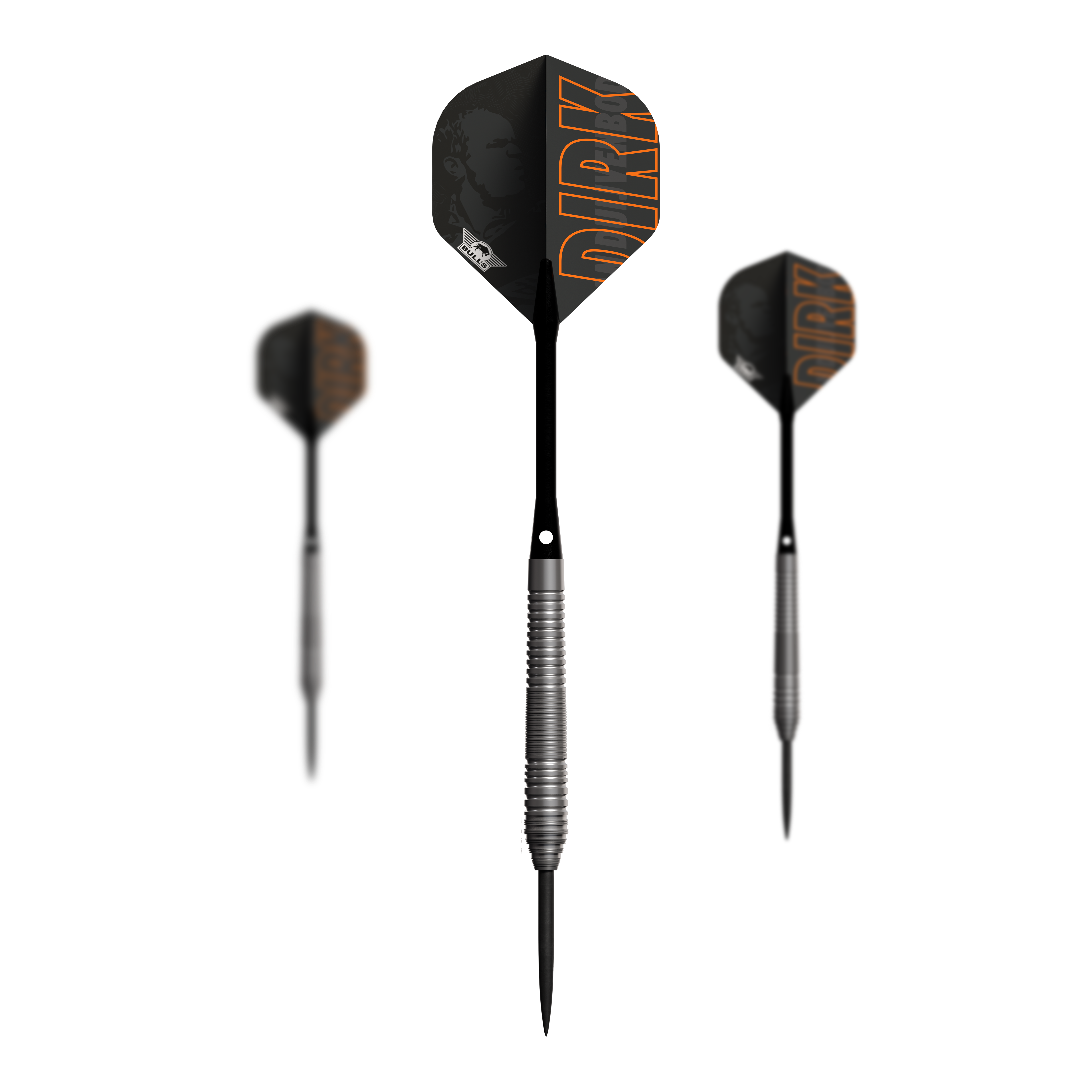 Bulls NL Dirk Van Duijvenbode 80 Steeldarts Das Bild zeigt drei Steeldarts des Modells "Bulls NL Dirk Van Duijvenbode 80". Die Darts haben schwarze Flights mit dem Schriftzug "DIRK" in orange und silberne, gerillte Griffe.