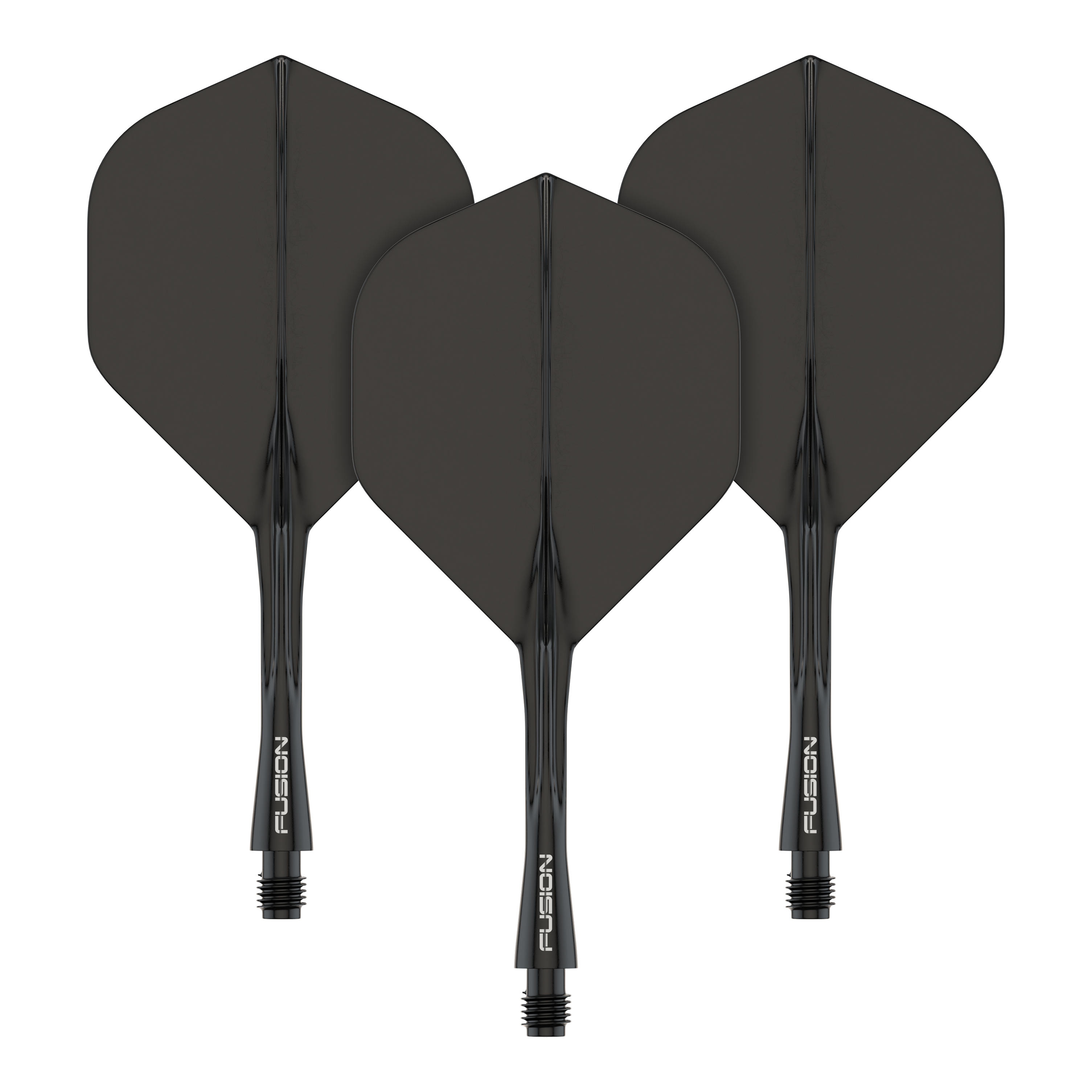 Das Bild zeigt drei schwarze Dart-Flights mit integriertem Schaft. Auf jedem Schaft steht das Wort "FUSION" in weißer Schrift.