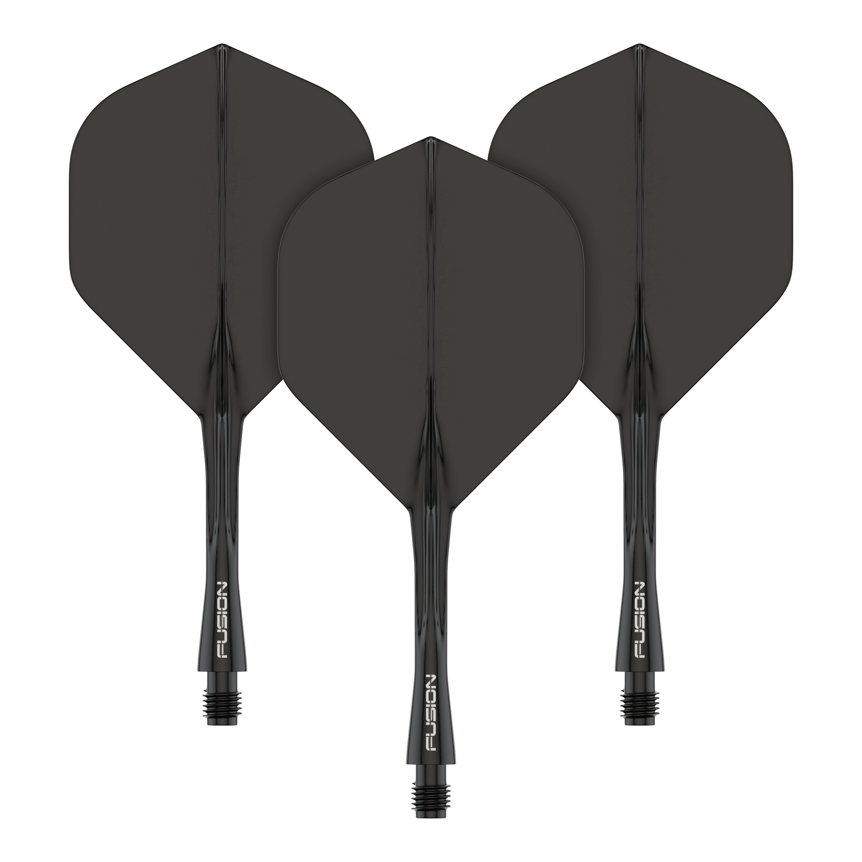 Winmau Fusion Flight Shaft System Standard Schwarz Das Bild zeigt drei schwarze Dart-Flights mit integriertem Schaft. Auf jedem Schaft steht das Wort "FUSION" in weißer Schrift.