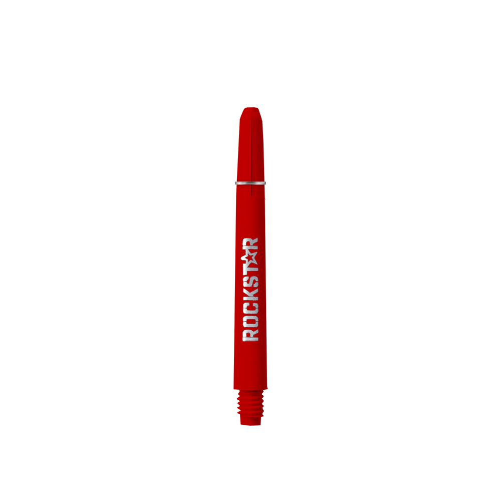 Das Bild zeigt einen roten Schaft mit der Aufschrift "ROCKSTAR". Es handelt sich um das Produkt "Rockstar Shafts - 49mm".