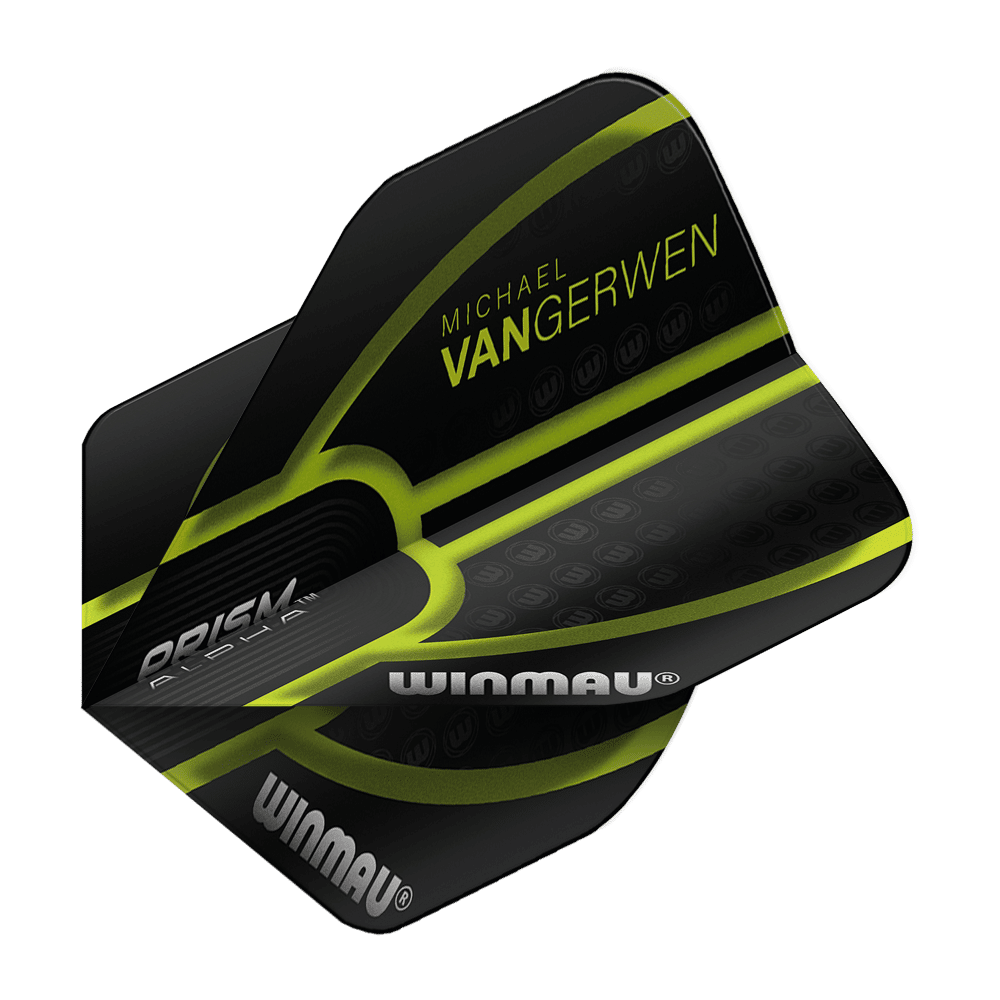 Das Bild zeigt ein Dartflight der Marke Winmau in Schwarz und Grün mit der Aufschrift "Michael van Gerwen". Es handelt sich um das Modell "Prism Alpha MvG Black Green V1 Standard Flights".