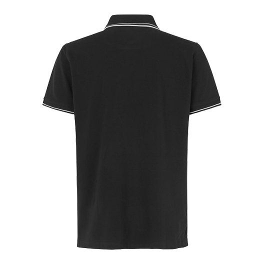 Barrels and Shafts Poloshirt - Schwarz Das Bild zeigt ein schwarzes Poloshirt mit kurzen Ärmeln. Am Kragen und an den Ärmeln sind weiße Zierstreifen sichtbar.