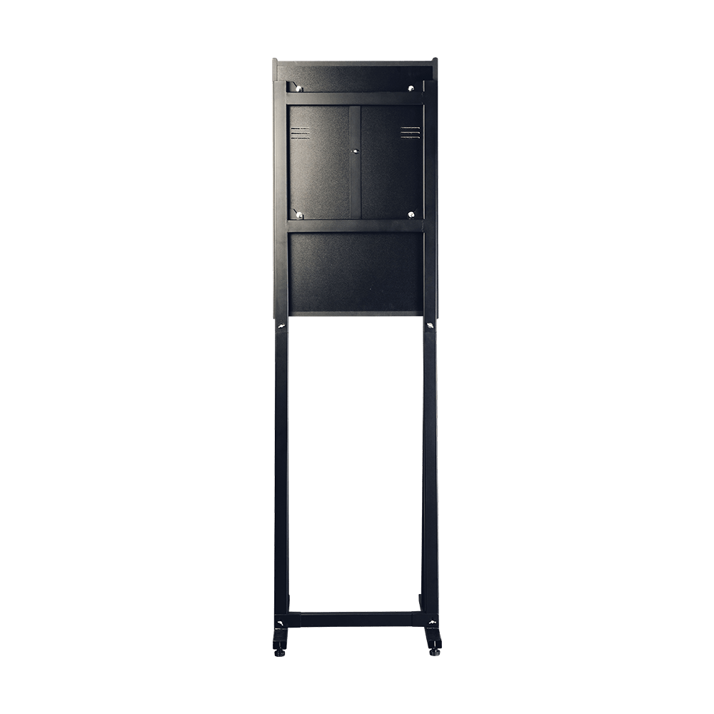 Karella_E-Master_Dartautomat_Standfuss_Ohne_M-nzeinwurf_2 Das Bild zeigt den Karella E-MASTER Dartautomaten ohne Münzeinwurf. Das Gerät steht auf einem stabilen schwarzen Gestell mit Rollen.