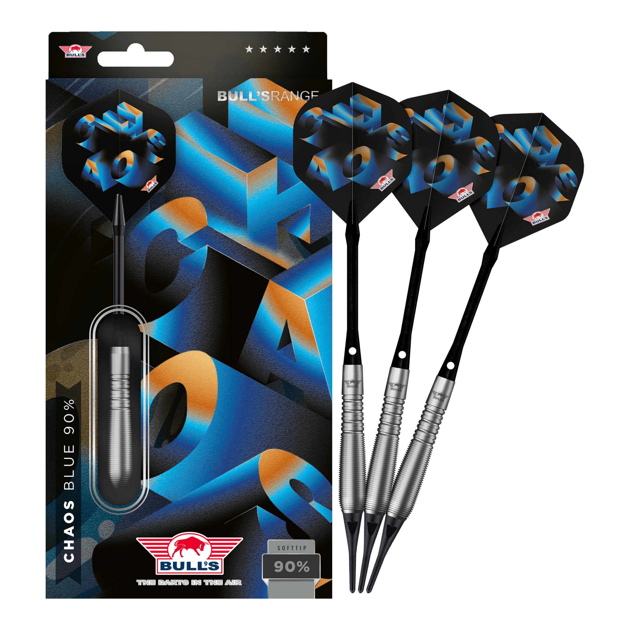 Bulls NL Chaos Blue Softdarts - 19g Das Foto präsentiert Bulls NL Chaos Blue Softdarts mit 19g Gewicht in ihrer vollen Länge. Die Softdarts sind in auffälligem Blau gehalten.