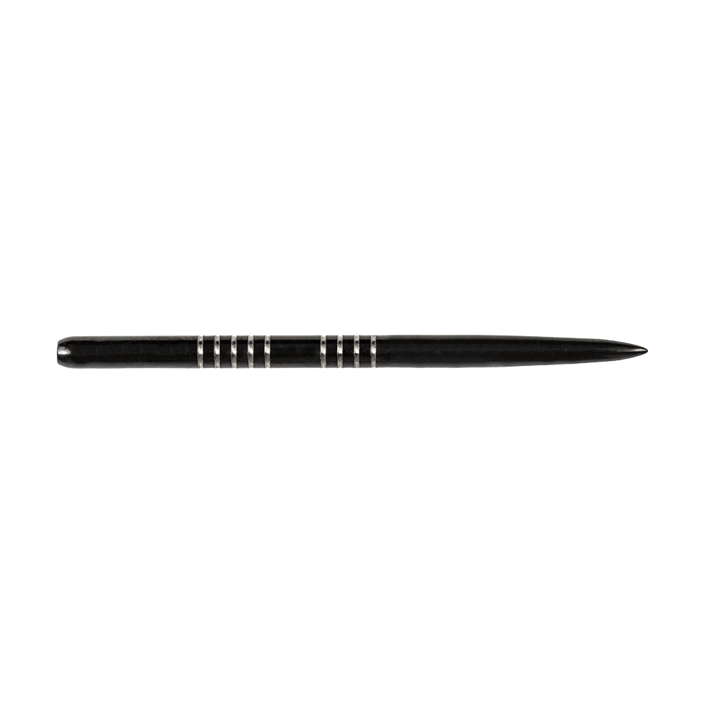 57743_Bulls_GP1_Steeldartspitzen_Schwarz_42mm_2 Das Bild zeigt eine schwarze Steeldartspitze mit silbernen Rillen am hinteren Ende. Die Spitze ist schlank und hat ein schlichtes, elegantes Design.