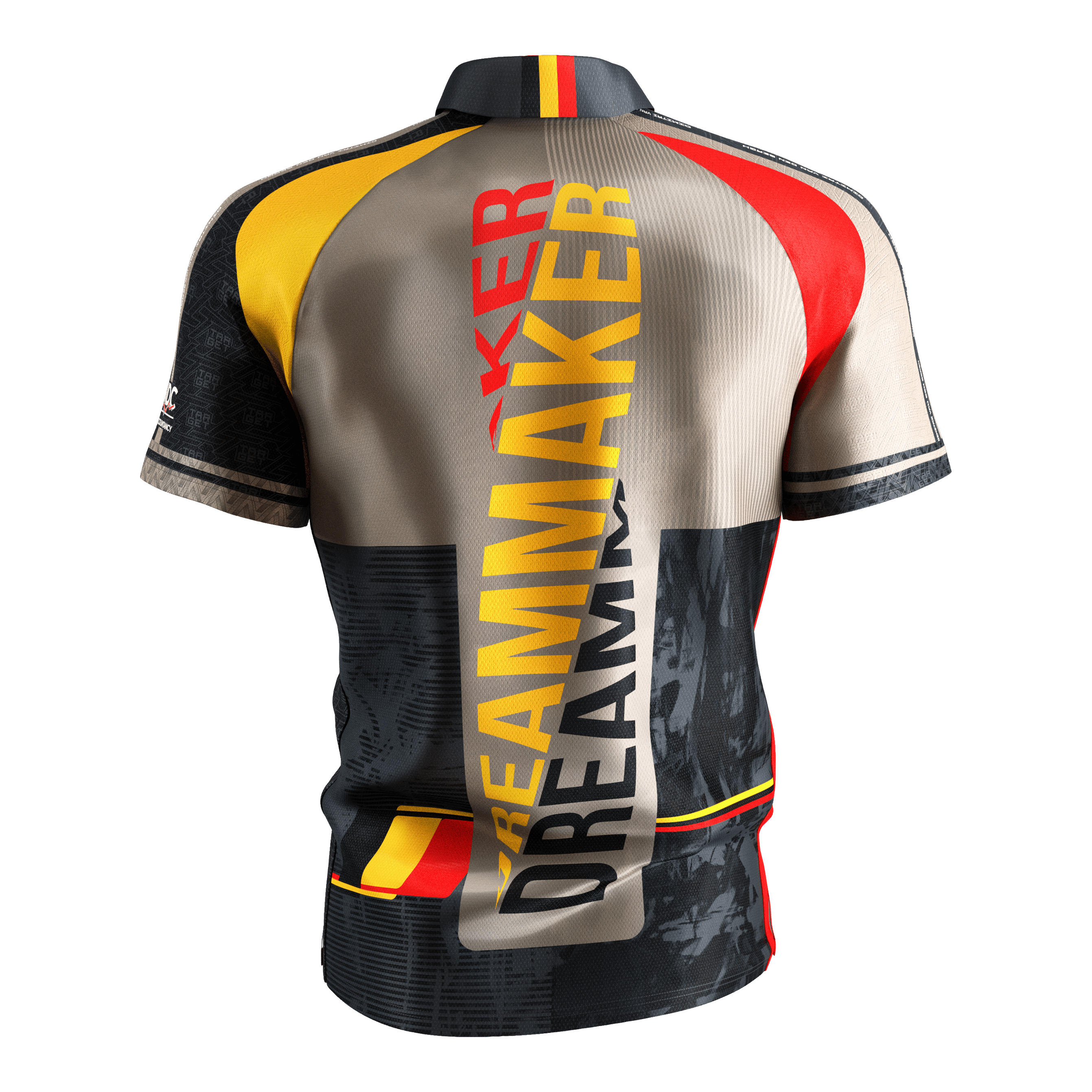 Target Coolplay Dimitri Van Den Bergh 2025 Dartshirt Dies ist das Target Coolplay Dimitri Van Den Bergh 2025 Dartshirt. Auf der Rückseite steht in großen Buchstaben "DREAMMAKER" und das Shirt hat auffällige Farben in Gelb, Rot und Schwarz.