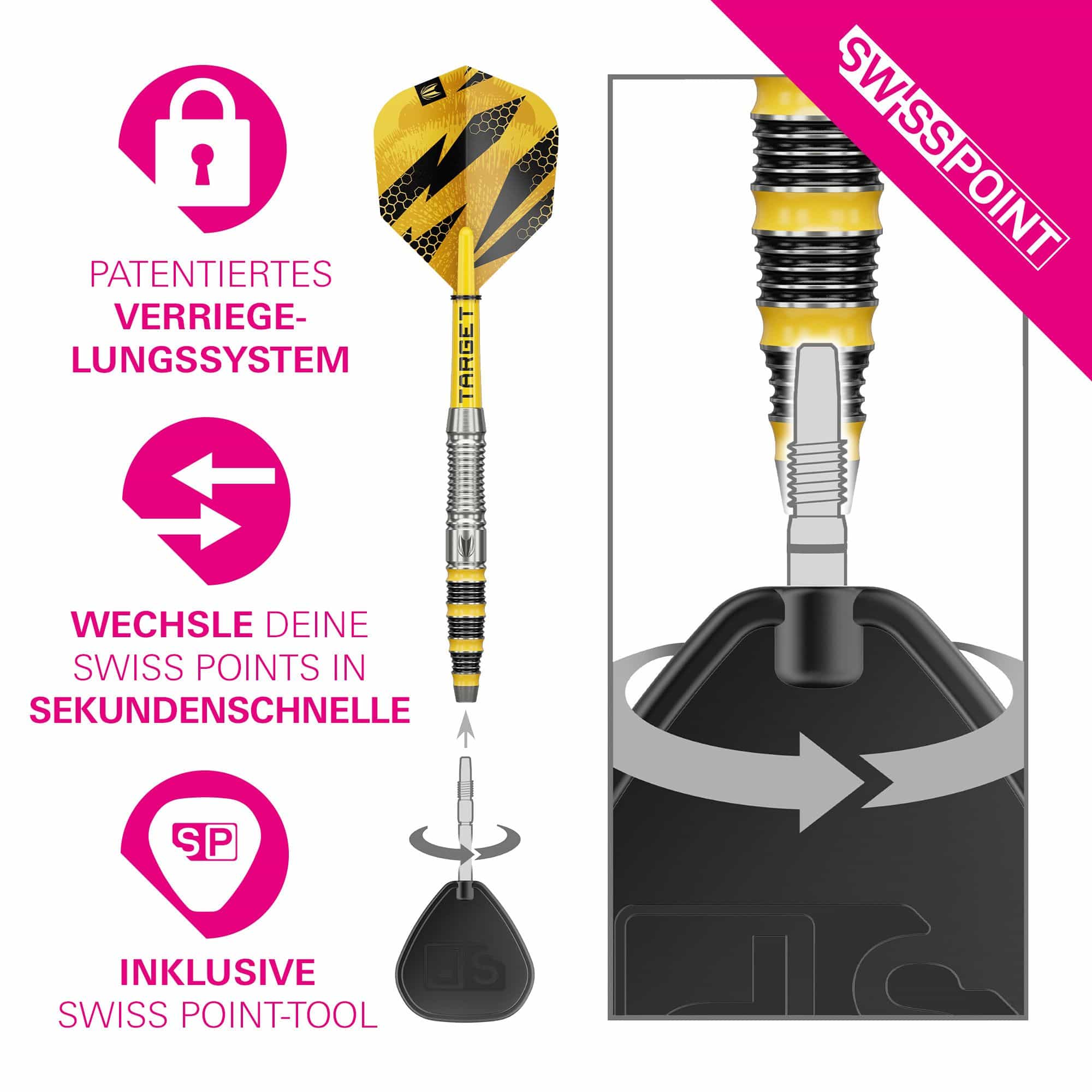 Dies ist ein Bild von Target Buzz 03 Swiss Points Steeldarts. Die Darts sind speziell für Präzision und Leistung entwickelt.