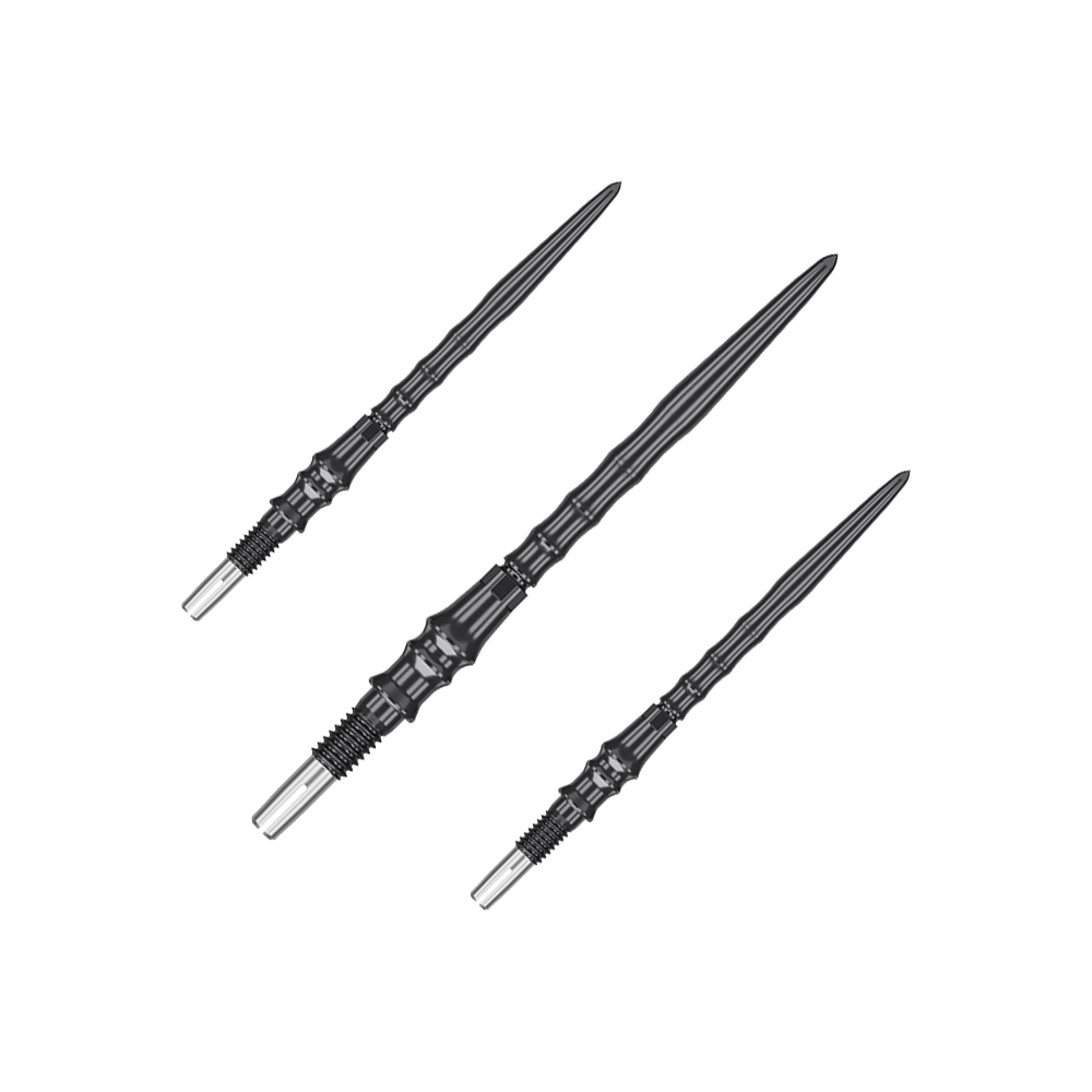 Auf dem Bild ist ein Set von schwarzen Steeldartspitzen, SwissPoint, 35 mm von Target Japan Premium zu sehen. Mehrere Spitzen sind zusammen dargestellt.