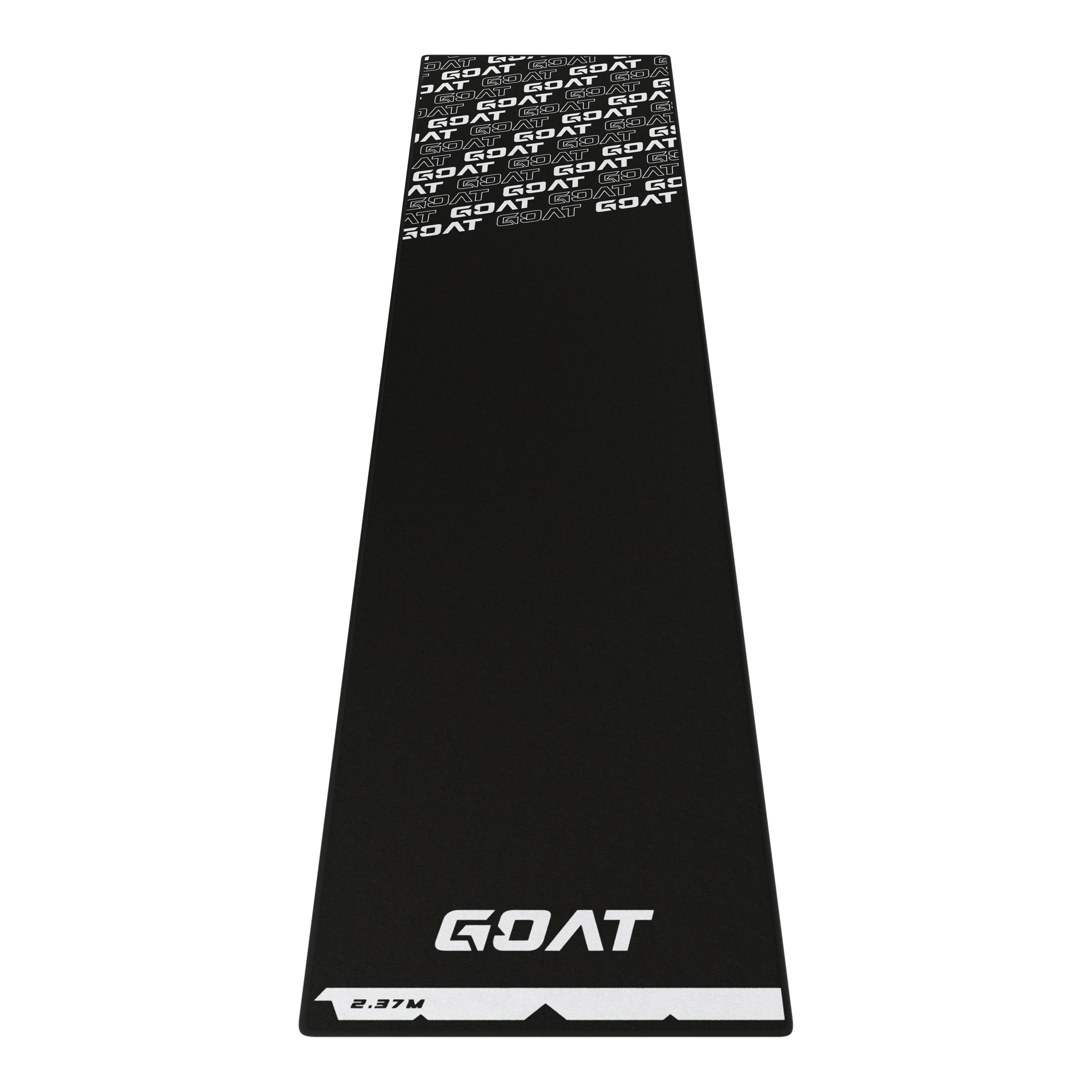 Dies ist ein schwarzer Dartteppich mit dem weißen GOAT-Logo am unteren und oberen Rand. Am unteren Ende ist zudem eine Markierung mit der Aufschrift "2.37M" zu sehen.