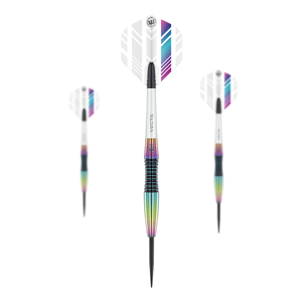 Winmau Elektra Steeldarts Das Bild zeigt drei Winmau Elektra Steeldarts mit weißen Flights und bunten, metallischen Schäften. Die Darts sind modern gestaltet und haben schwarze Spitzen.