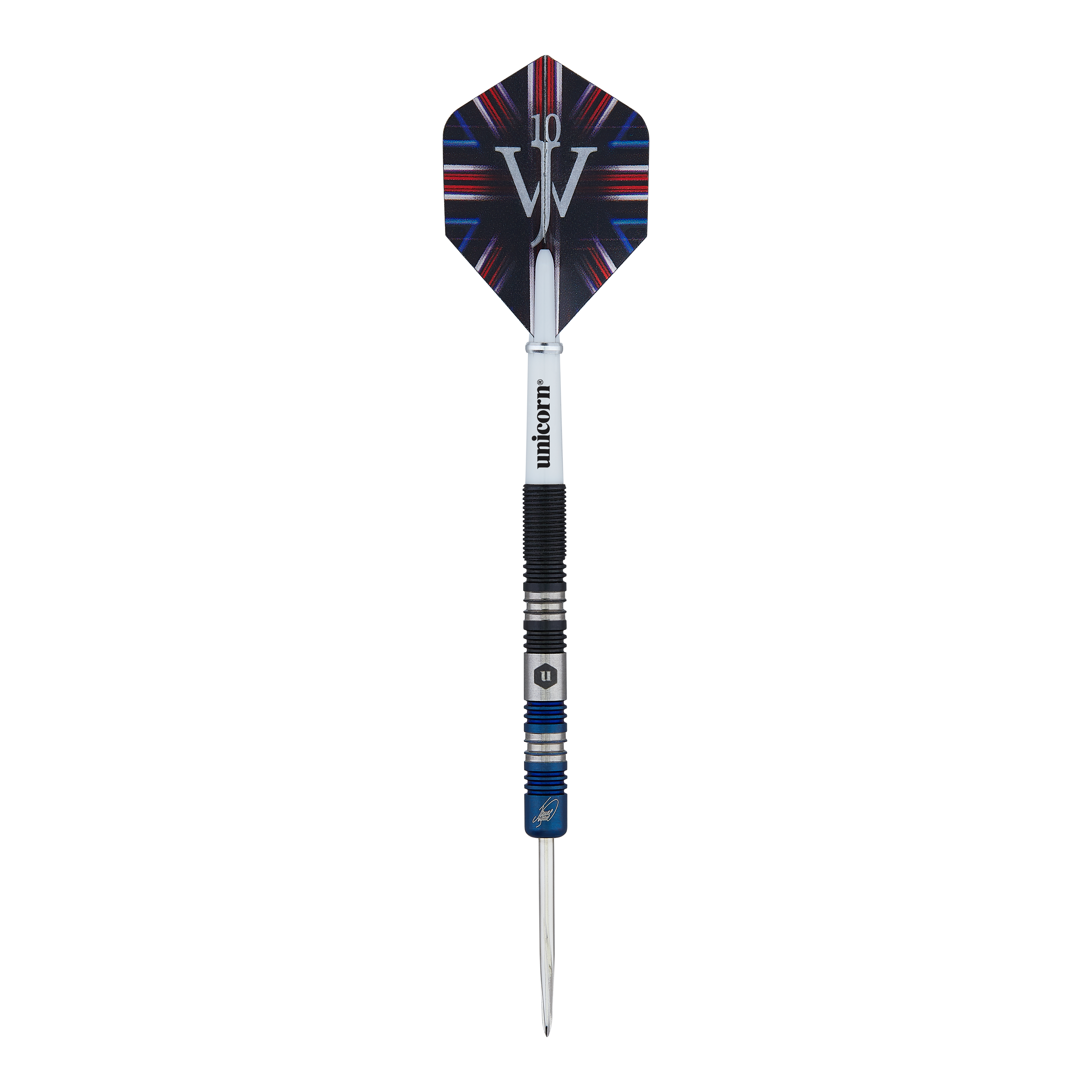 Das Bild zeigt einen Steeldart der Marke "Unicorn The Machine James Wade Two-Tone". Der Dart hat ein schwarz-blaues Design und ein Flight mit einem auffälligen Muster.