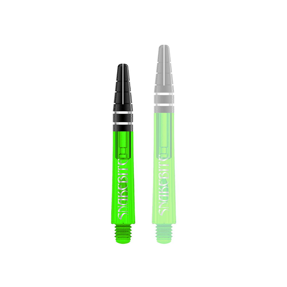 Auf dem Bild sind zwei grüne Dartshafts der Marke Red Dragon Nitrotech Peter Wright zu sehen. Die Shafts haben schwarze Spitzen und sind mit dem Schriftzug "Snakebite" bedruckt.