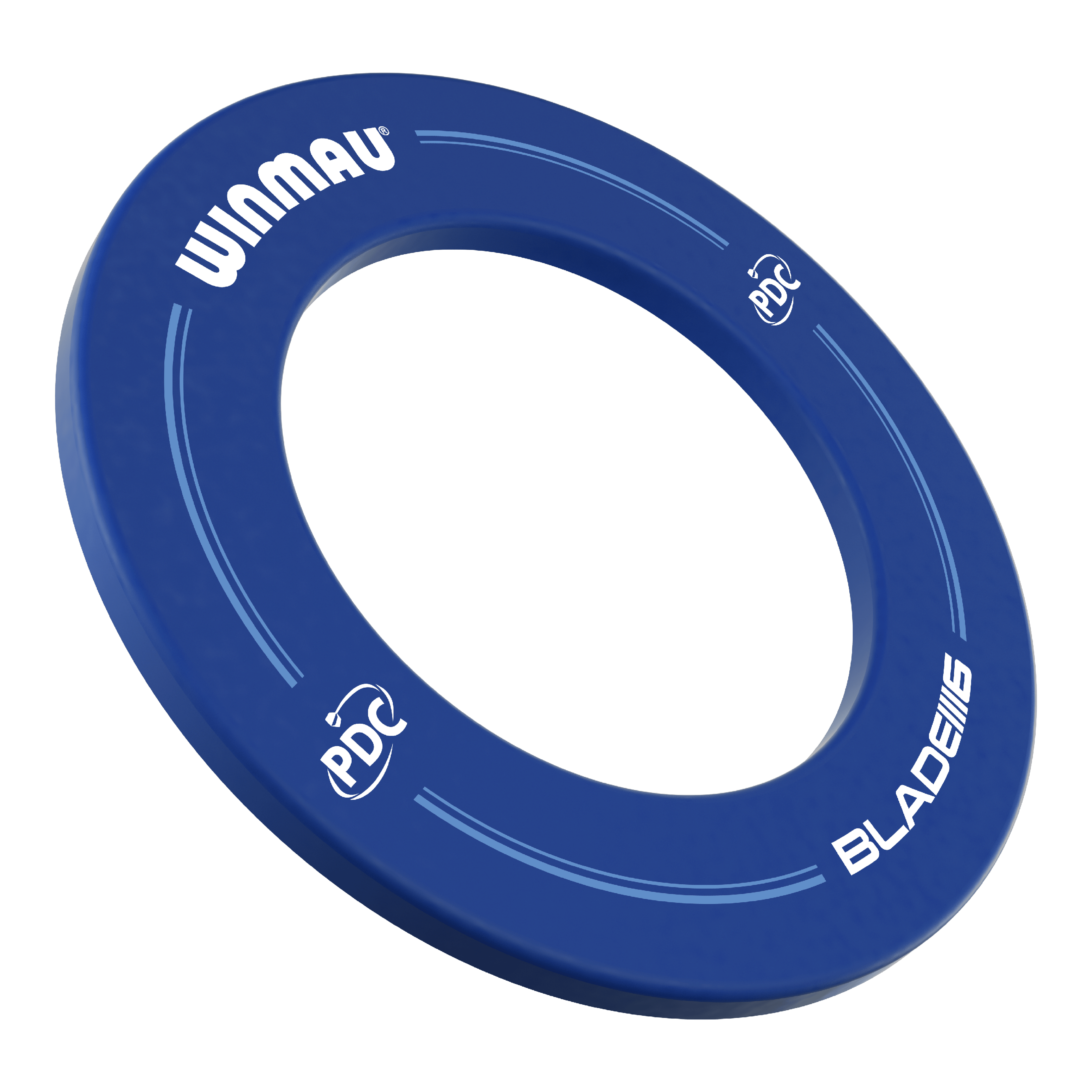 Winmau PDC Dartboard Surround - Blau Auf dem Bild ist ein blauer Dartboard-Surround der Marke Winmau zu sehen. Die Aufschrift enthält die Logos von Winmau, PDC und Blade 6.