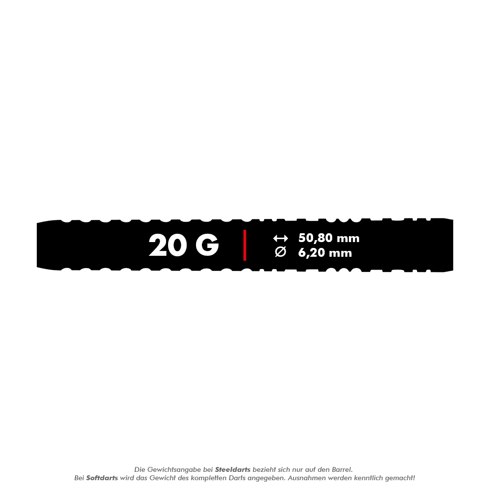 Red Dragon Peter Wright Copper Fusion Softdarts - 20g Das Bild zeigt die Produktbeschreibung für "Red Dragon Peter Wright Copper Fusion Softdarts - 20g". Die Abmessungen des Darts sind 50,80 mm Länge und 6,20 mm Durchmesser.