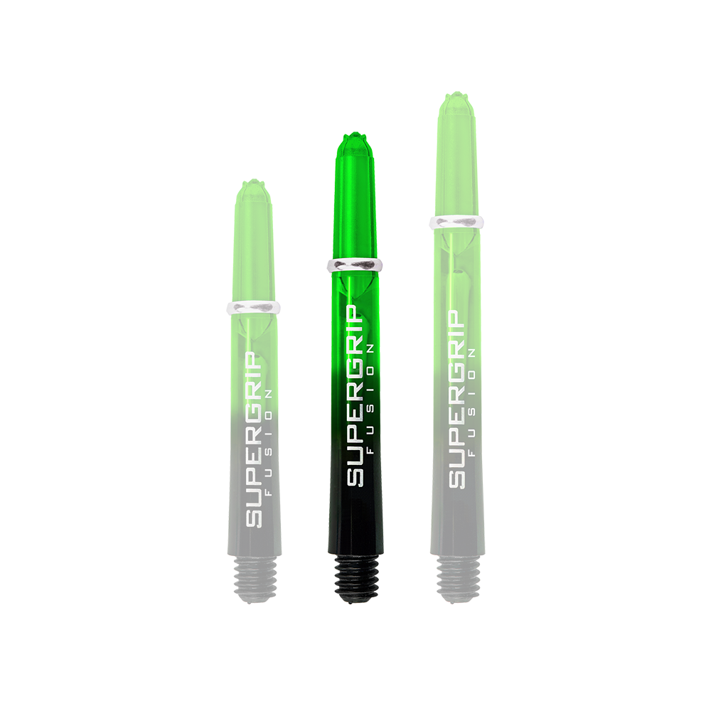 Das Bild zeigt drei grüne Harrows Supergrip Fusion Shafts in unterschiedlichen Längen. Die Schrift "SUPERGRIP FUSION" ist deutlich auf jedem Shaft zu sehen.