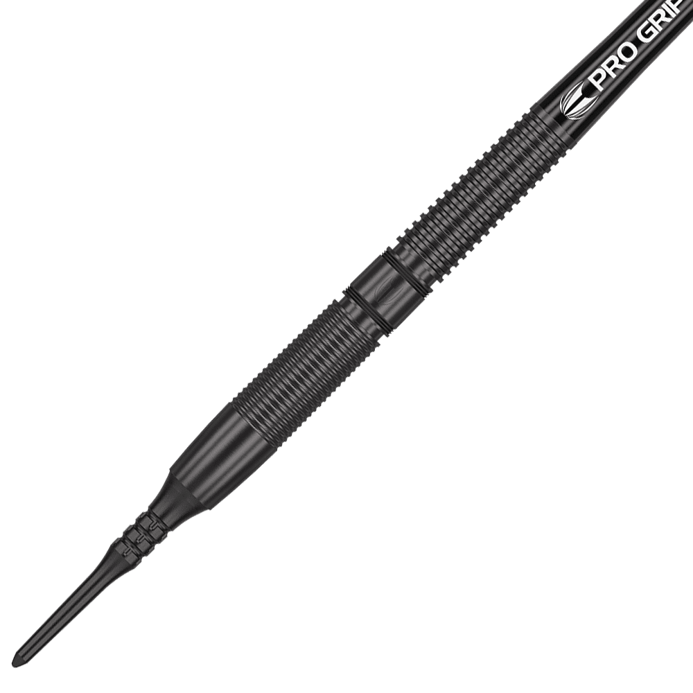 210322_Target_Gabriel_Clemens_Black_Edition_Softdarts_2 Auf dem Bild ist ein schwarzer Softdart der Marke Target Gabriel Clemens Black Edition – 19g zu sehen. Der Dart hat eine strukturierte Griffzone und eine schwarze Kunststoffspitze.