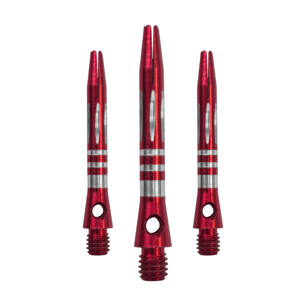 Ringed Diamond Cut Aluminium Shafts - Rot - 35 mm Das Bild zeigt ein Set der Ringed Diamond Cut Aluminium Shafts - Rot - 35 mm. Mehrere rote Aluminium-Dartschäfte liegen nebeneinander.