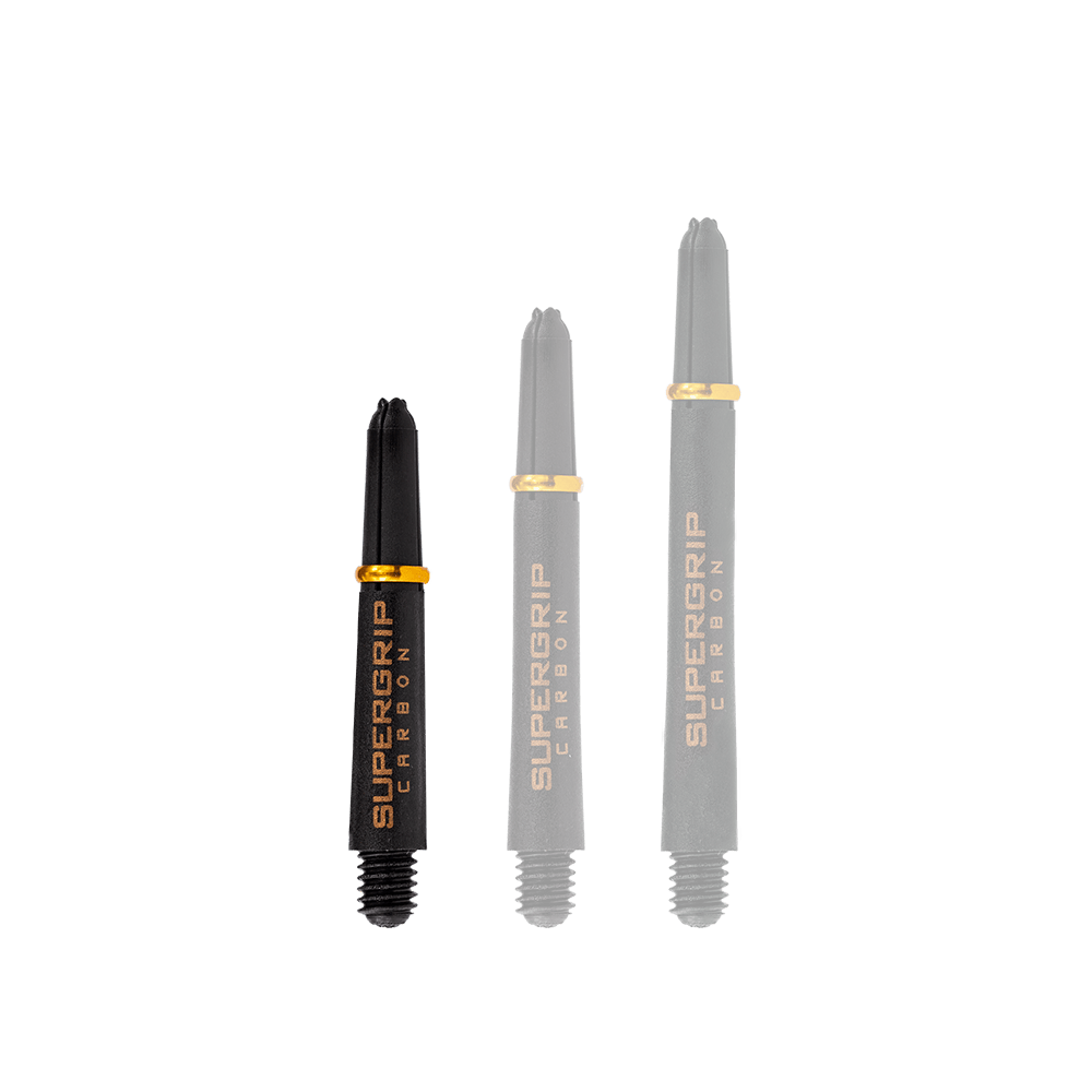 Das Bild zeigt drei Harrows Supergrip Carbon Shafts in der Farbe Gold in unterschiedlichen Längen. Die Dartschäfte sind schwarz mit goldenen Akzenten und der Aufschrift "Supergrip Carbon".