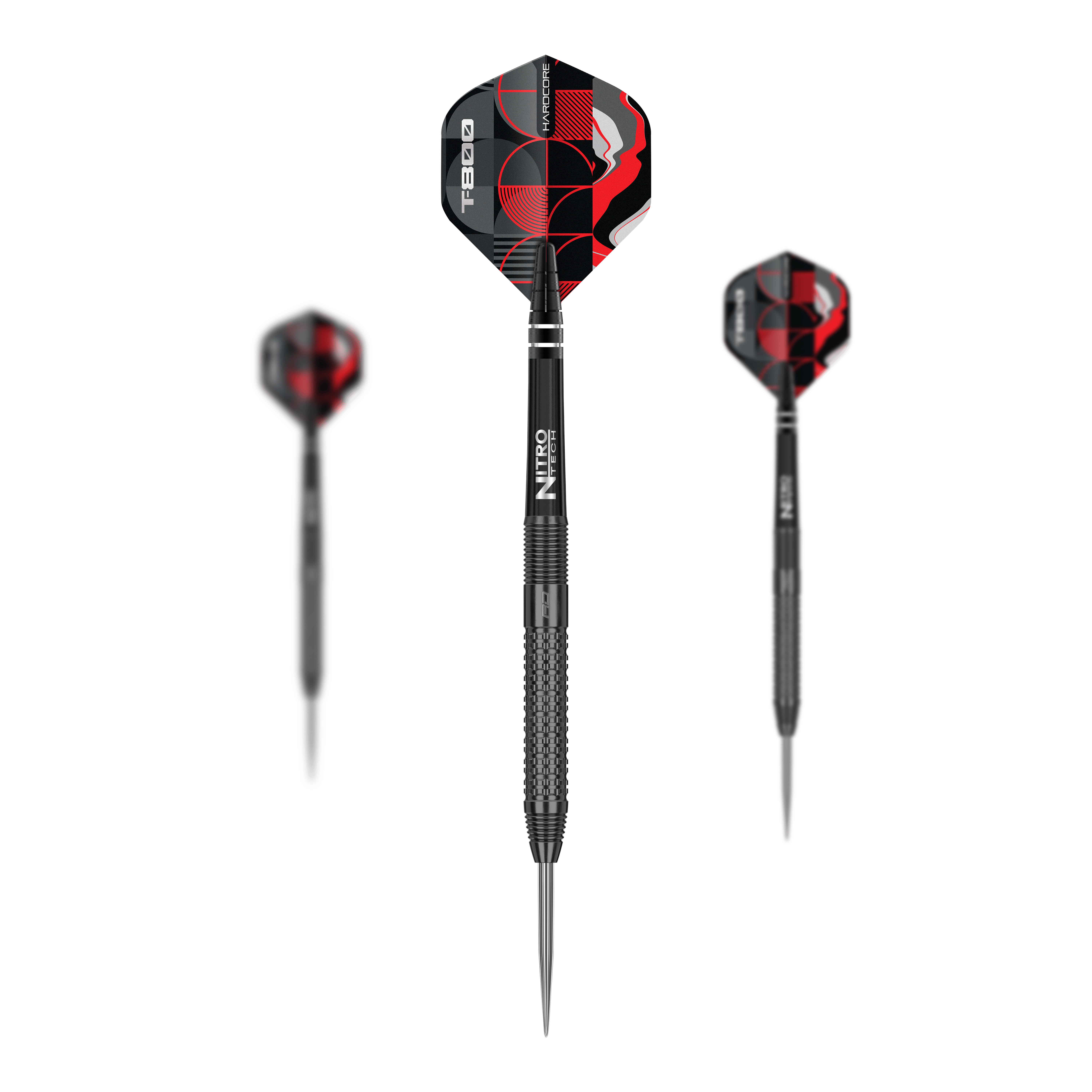 Red Dragon T-800 Steeldarts Das Bild zeigt drei Red Dragon T-800 Steeldarts mit schwarzem Schaft und rot-schwarzen Flights. Die Darts sind modern und robust gestaltet, ideal für Präzisionswürfe.