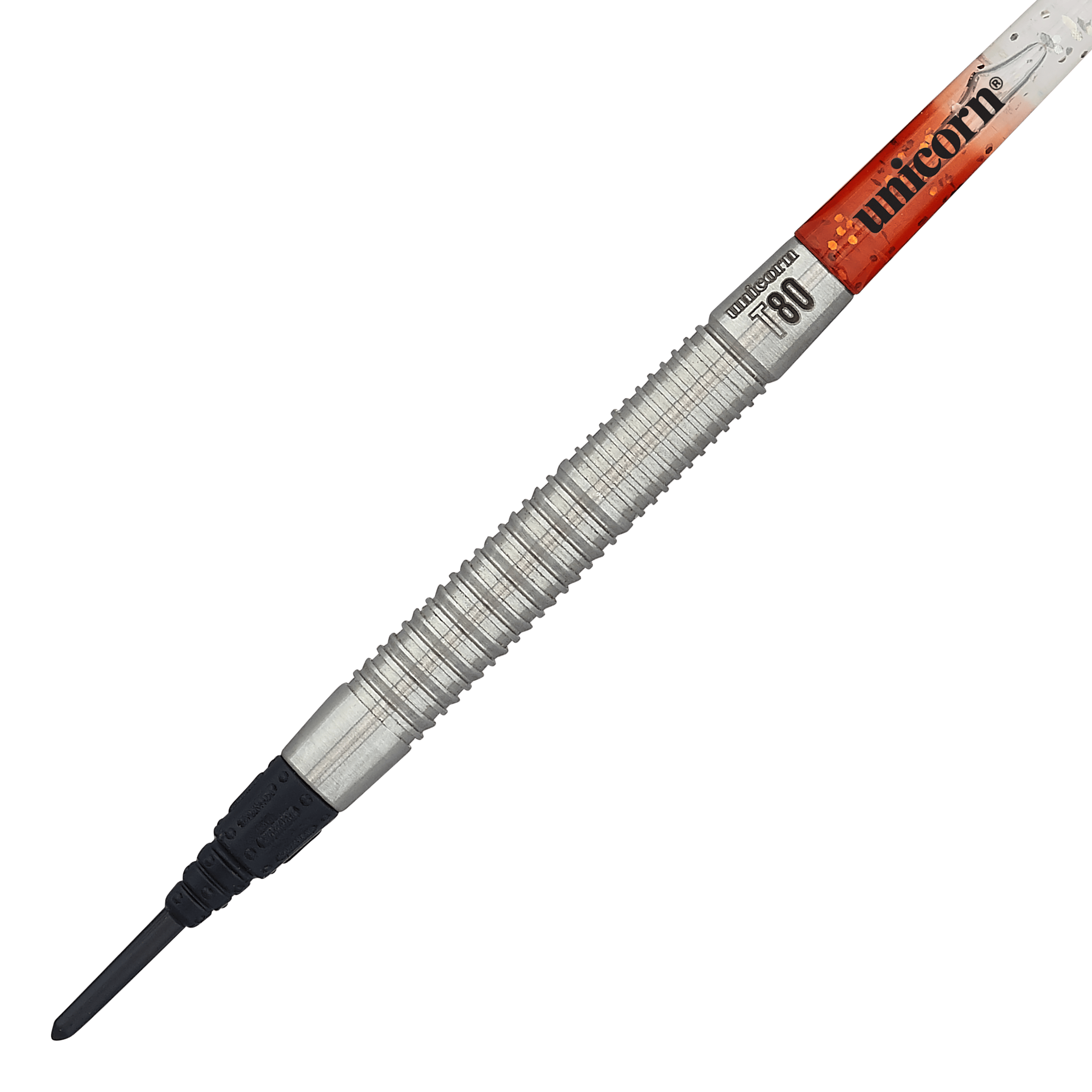 Unicorn Core XL Striker Style 1 Softdarts - 19g Das Bild zeigt einen Unicorn Core XL Striker Style 1 Softdart mit 19 Gramm Gewicht. Der Dart hat einen silbernen, geriffelten Griff und eine schwarze Softspitze.